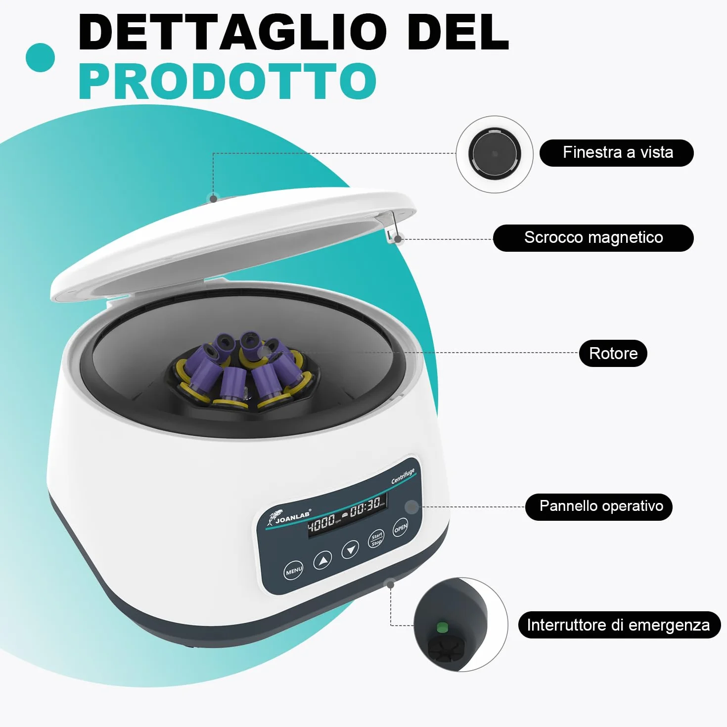 JOANLAB LC-400 Centrifuga da Laboratorio Bassa Velocità per PRP/PRF, 4000 RPM, 1717 xg, Timer 30s-59min, per 4x15ml o 8x2/5/10ml Tubi