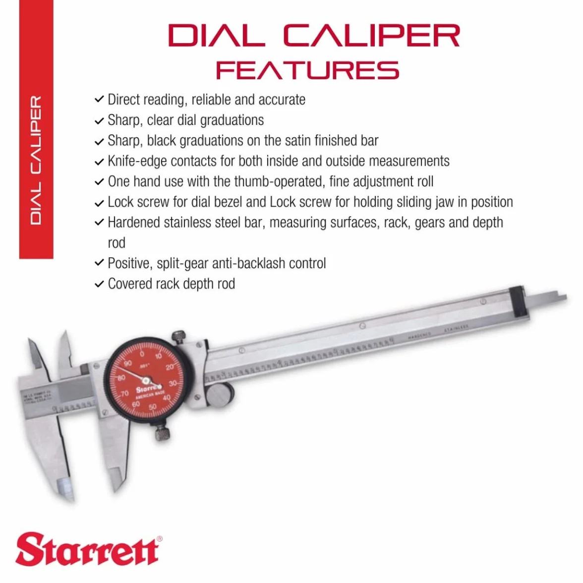 Starrett R120A-6 Calibro per quadrante, in acciaio inox, quadrante rosso, gamma 0-6" (0-150 mm), precisione metrica ± 0,02 mm (0,001"), risoluzione ± 0,02 mm (0,001")