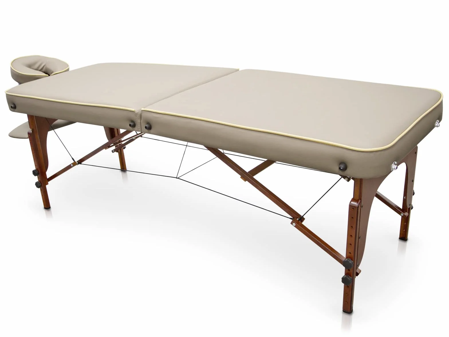 QUIRUMED Lettino da massaggio per SPA, portatile, in legno, colore beige, legno verniciato, similpelle, imbottitura ad alta densità, altezza regolabile, pieghevole, testa rimovibile, fino a 210 kg