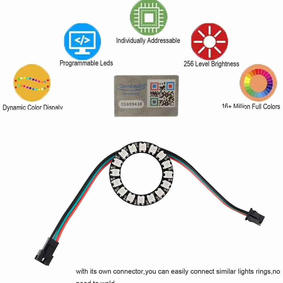 Anello LED indirizzabile WS2812 a 16 bit con cavo connettore SM2.54-3P, 16 LED WS2812B 5050 RGB con driver integrati DC5V per Arduino ESP8266 ESP32 Devkit Nodemcu (confezione da 4 pezzi)