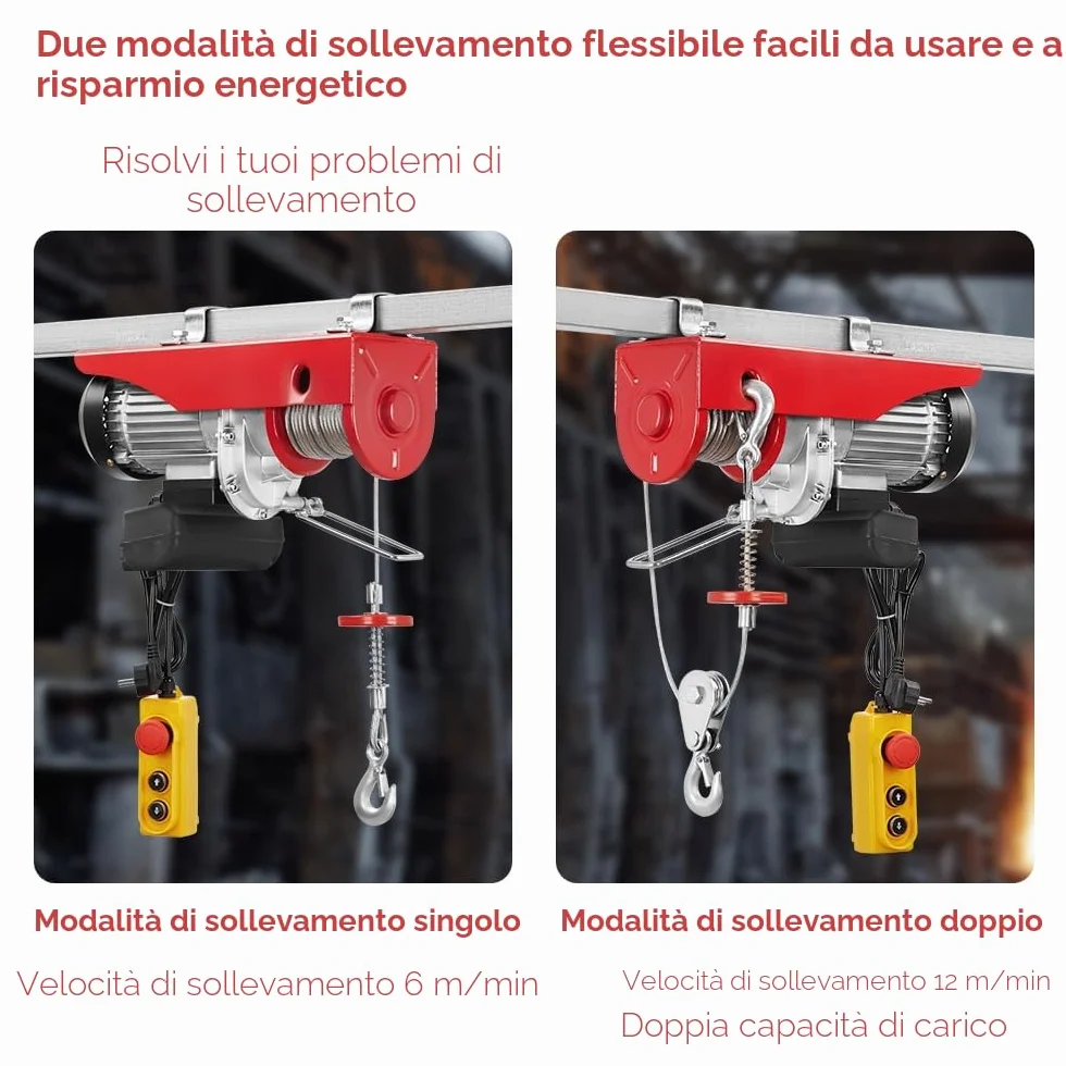 TEENO Paranco elettrico 1450 W, Sovraccarico Ascensore Verricello elettrico 220 V 20 M, sospensione singola e doppia, 400 KG/800 KG, 6 m/min |12 m/min Rosso (400 kg/800 kg)