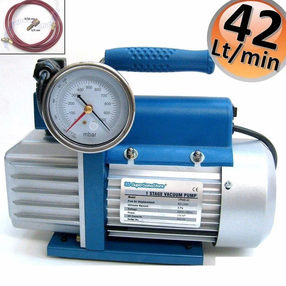 3S SuperSamaStore Pompa per Vuoto Monostadio 42 Lt/min KT.PVME42, Kit con Vacuometro, Elettrovalvola, Olio, Frusta 1/4" Sae da 150 cm e Raccordo 1/4" x 5/16" Sae