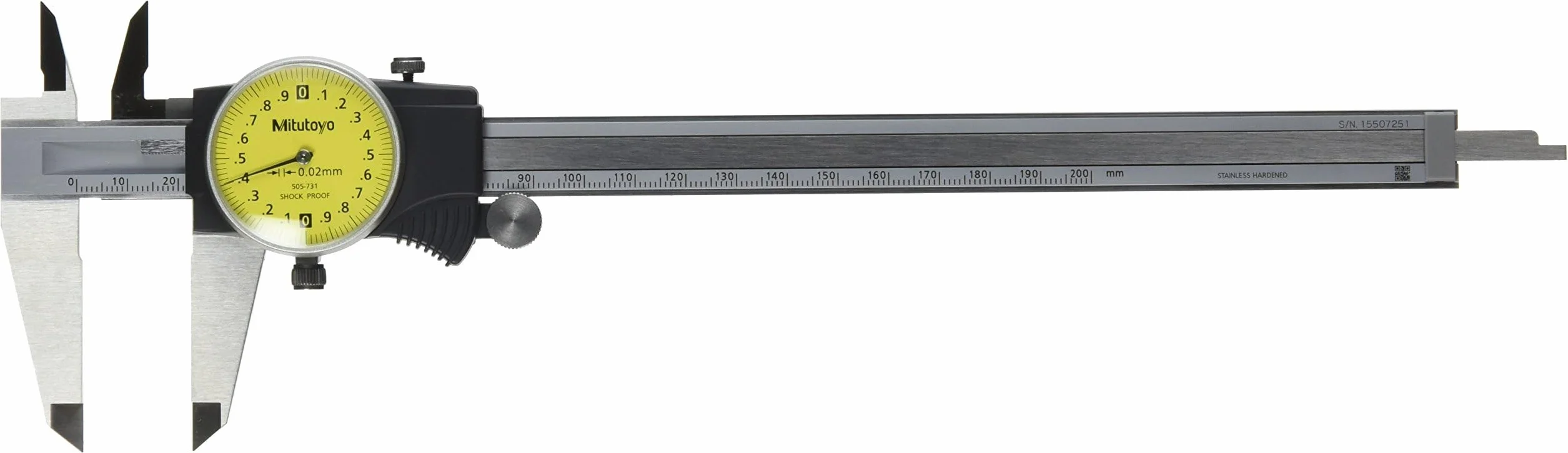 Mitutoyo 505 – 731 Dial caliper, stainless steel, Yellow Face, 0 – 200 mm Range, -0,03 mm accuratezza, 0.02 millimetri risoluzione