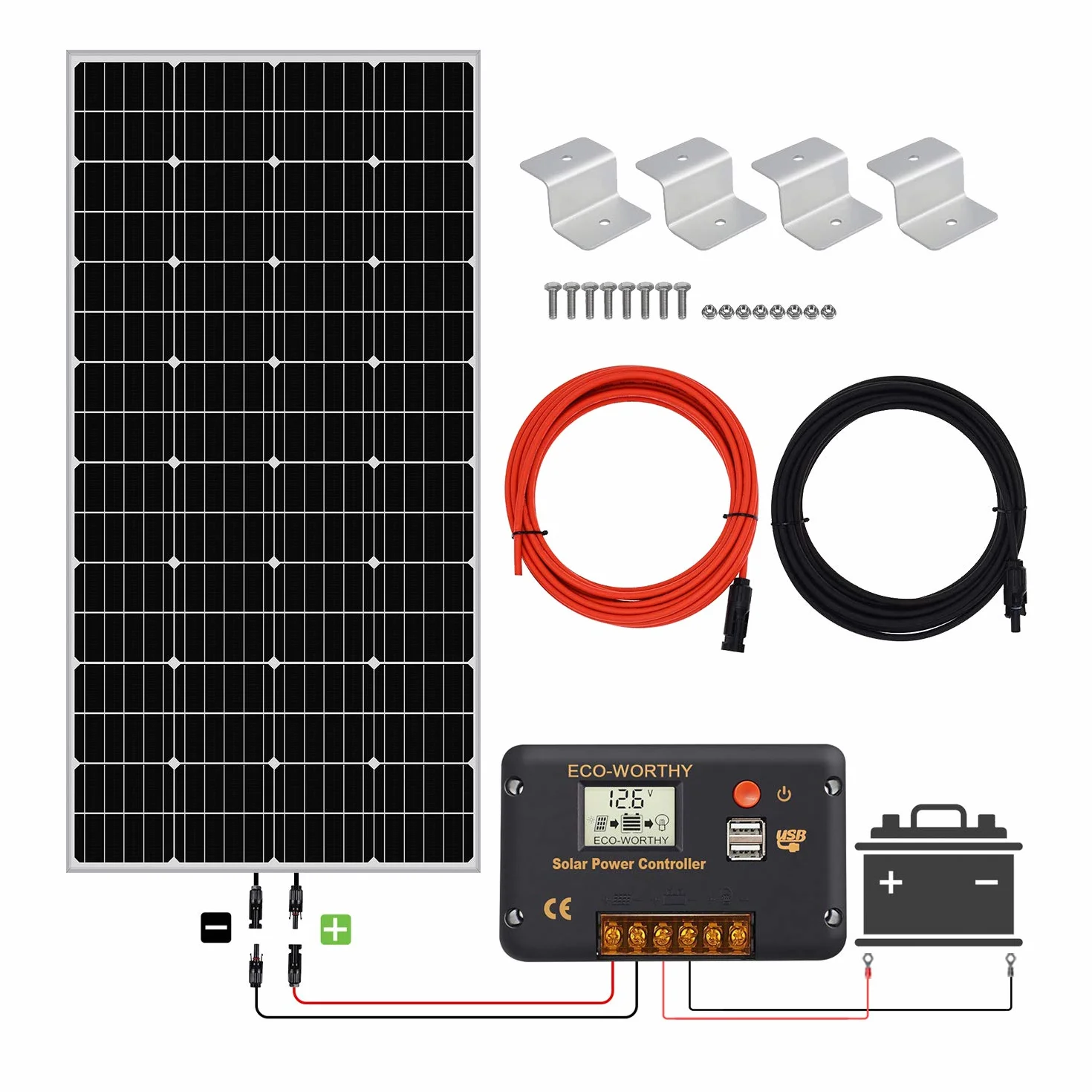 ECOWORTHY 150W 12V Mono Solar Starter Kit con 20 A Amp LCD regolatore di carica per off-grid RV barca camper