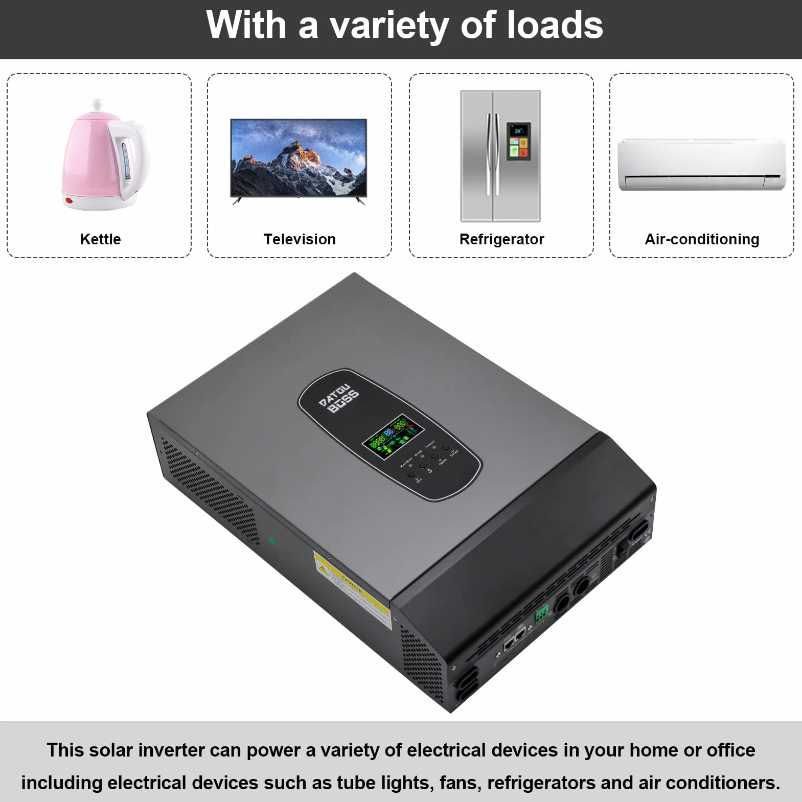 DATOUBOSS 6200 W Inverter ibrido sinusoidale puro 48 V DC a 230 V AC,che supporta il funzionamento senza batteria, con regolatore di carica solare 120 A MPPT per batterie piombo-acido e litio