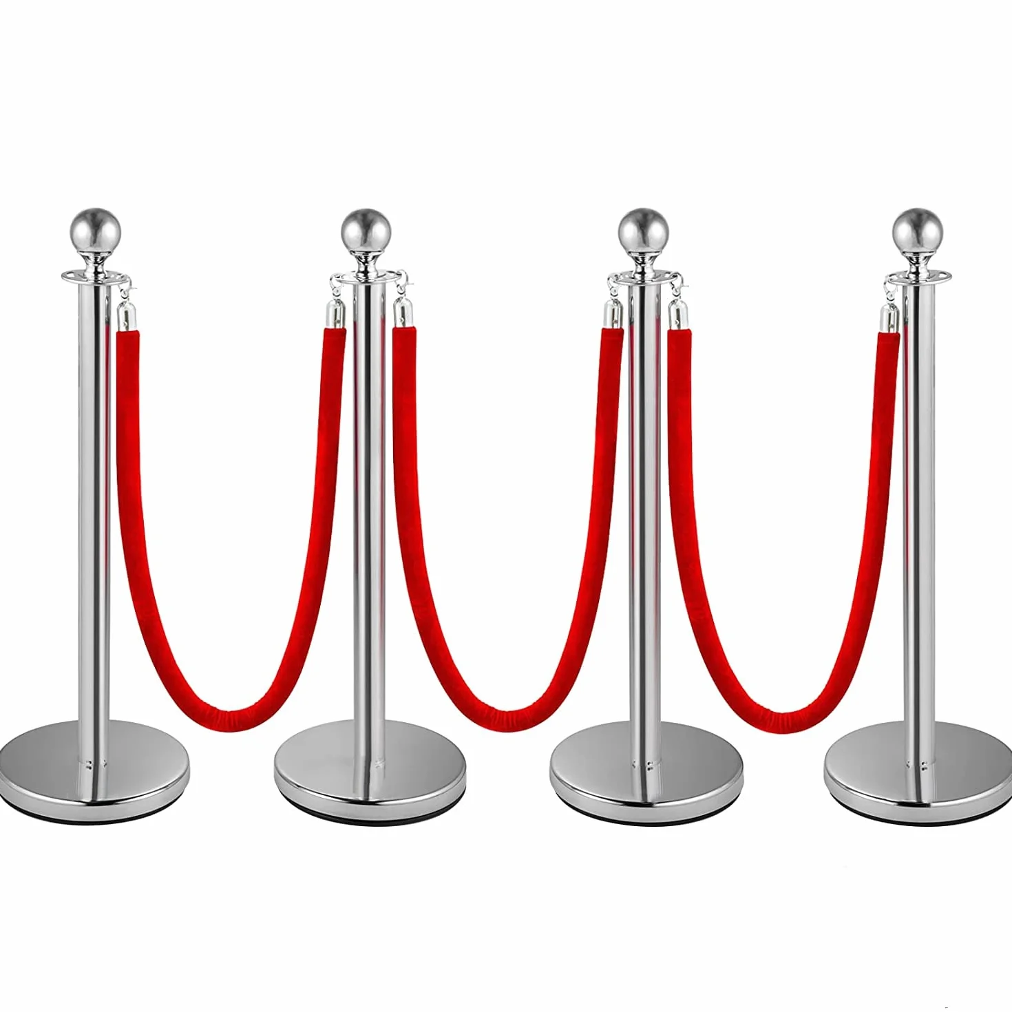 4PZ 96 cm Barriera di Controllo della Folla con 1,5 m Corde di Velluto Rosso Controllo della Folla in Acciaio Inox Tondo Post Palo, Base cava a iniezione di sabbia (Argento)