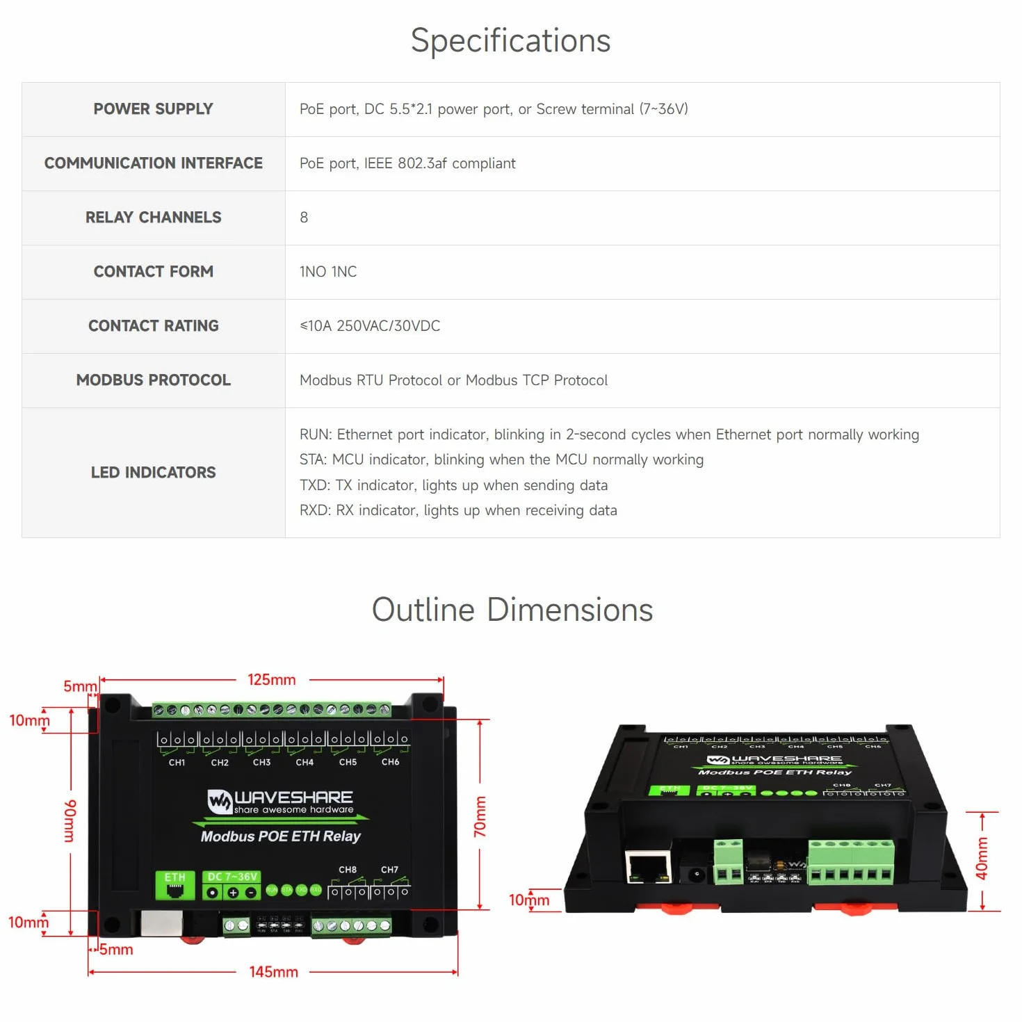 Waveshare 8-Ch Ethernet Relay Module, Modbus RTU/Modbus Transmission Control Protocol, PoE Port Communication, with Various Isolation and Protection Circuits, Industrial Grade Rail-Mount Case
