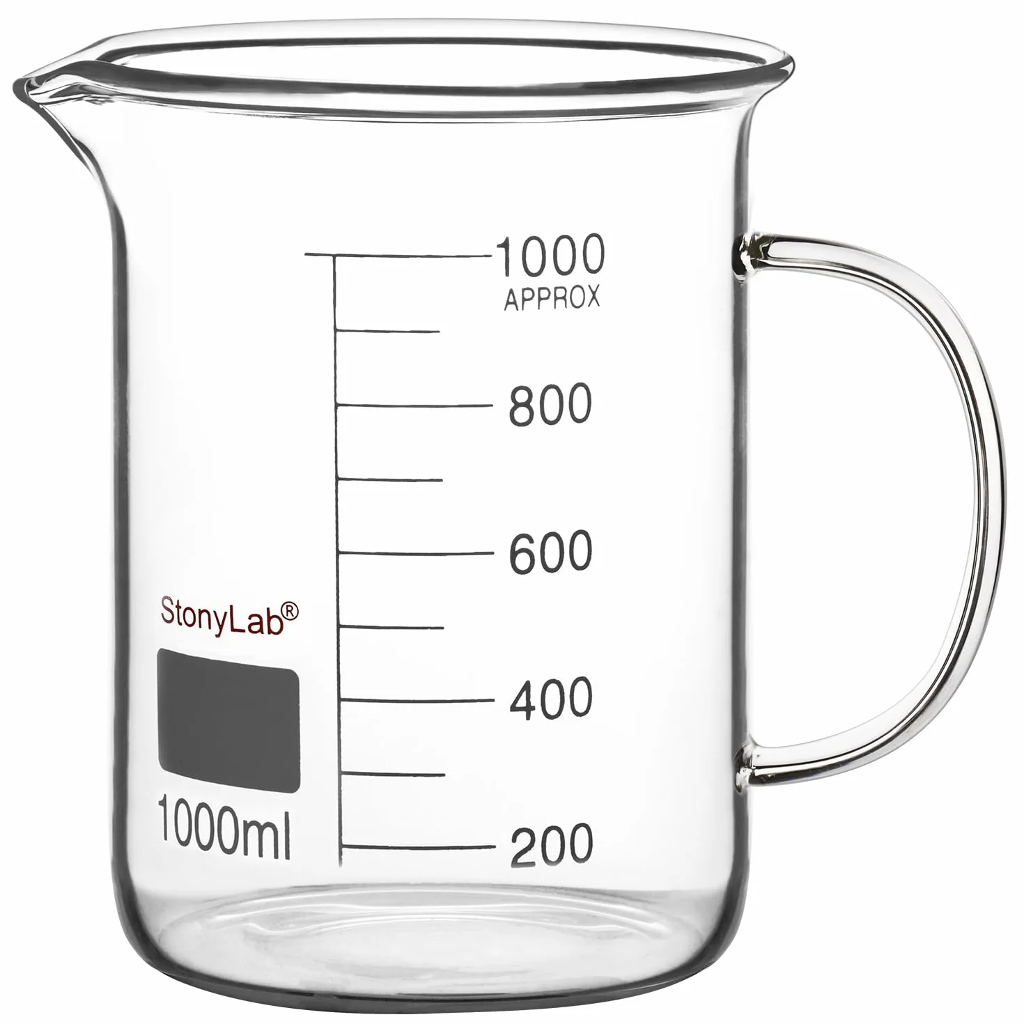 stonylab Bicchiere in Vetro con Manico, Bicchiere Graduato in Vetro Borosilicato Griffin a Forma Bassa con Manico e Beccuccio per Versare, 1000 ml
