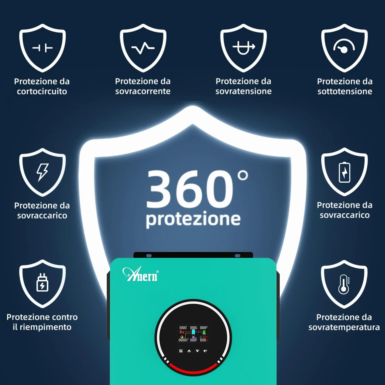 Anern Inverter solare ibrido 6200W Mit WIFI 48VDC a 220 V/230 VAC con regolatore solare 120A, ingresso PV max.500 V, funzionamento con batterie al piombo da 48V e al litio