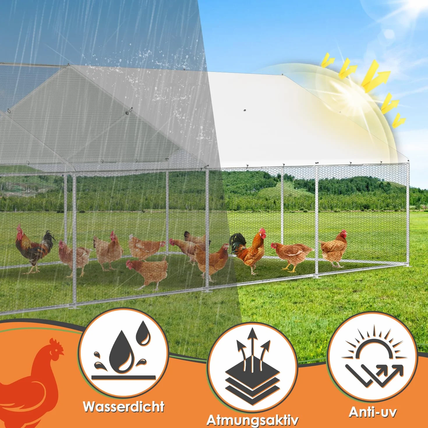 Randaco 3 x 8 x 2 m, gallina a ruota libera, XXL in acciaio zincato, con tetto parasole e porta per animali domestici, gabbia per uccelli, piccoli animali, con lucchetto