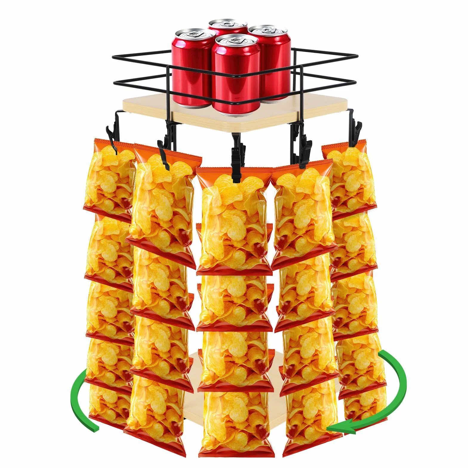 Penitue Espositore per Snack, 8 Ripiani 40 Clip Girevole 360 Gradi con Cestello Portaoggetti