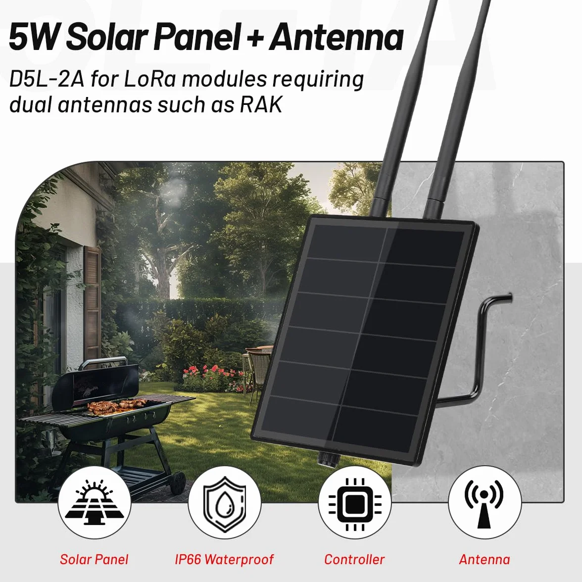 D5-2A 5W Solar Panel System for Rak4631 LoRa Module DIY Meshtastic Meshcore LoRa Node Kits 868MHz 2.4G BLE Antenna