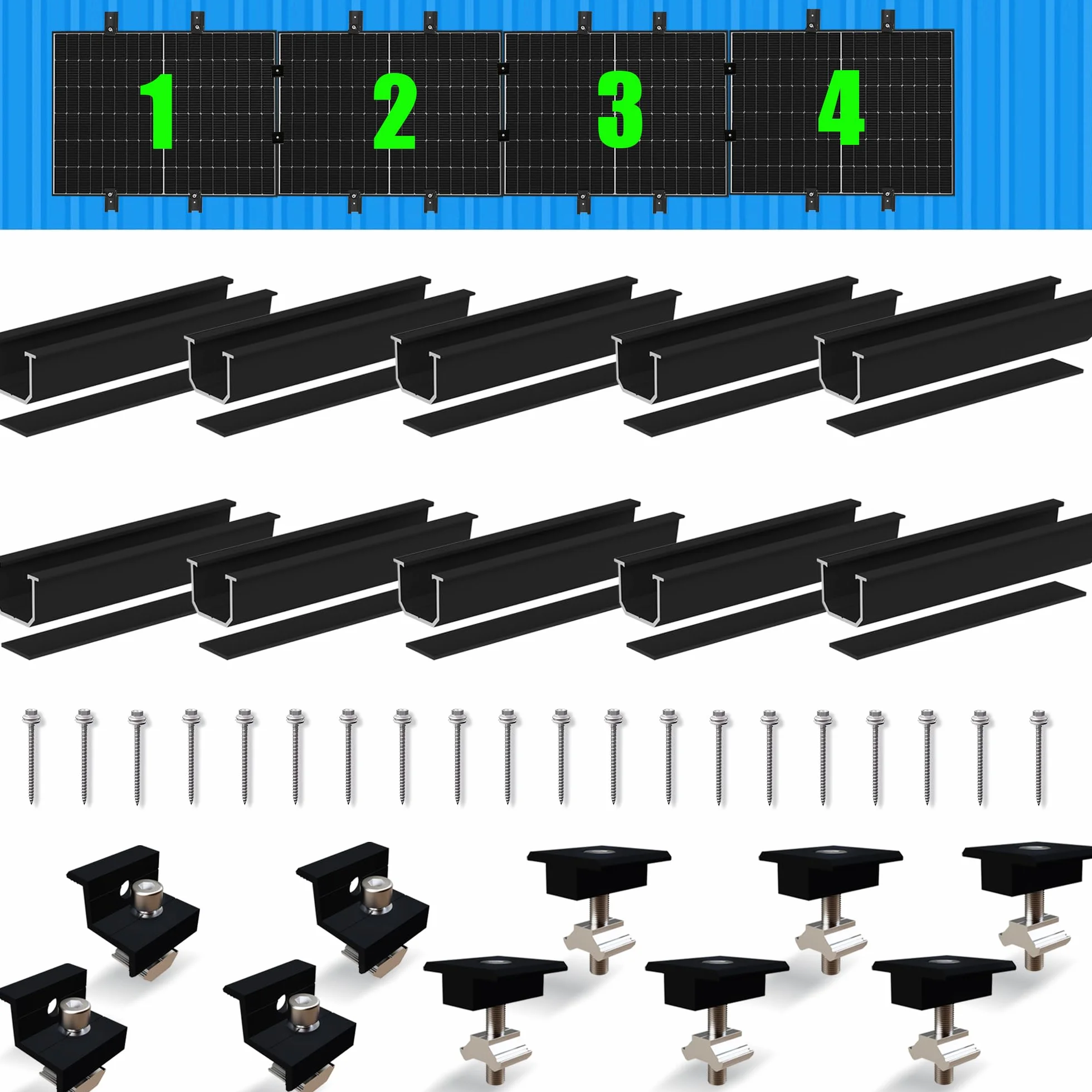 Warmfay Kit di montaggio per modulo solare, profilo in alluminio nero da 12 cm e staffe regolabili, fissaggio per pannello solare, supporto per pannello solare, 4 moduli da 30 a 35 mm per tetto