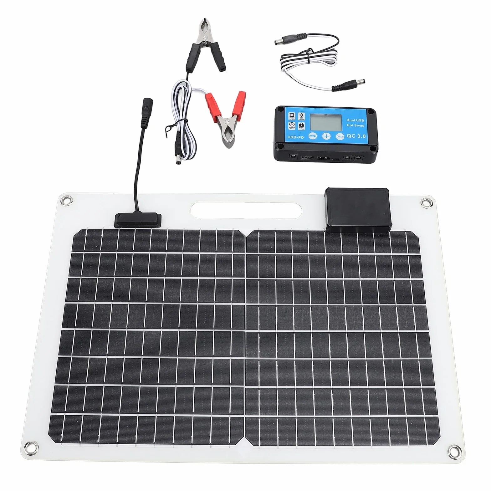 Focket Kit Pannello Solare con Regolatore di Carica Solare Dual USB 100A 12V 24V con Display del Livello di Potenza, Caricabatterie a Pannello Solare per Rimorchio Barca Marina,