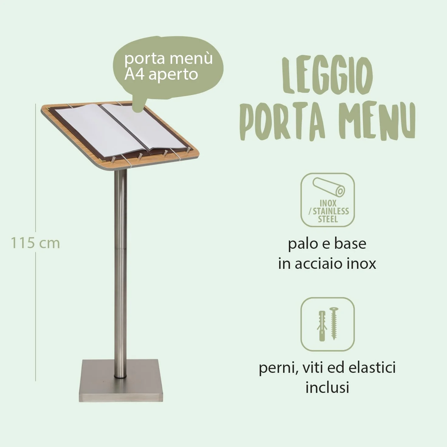 SECURIT - Leggio Porta Menu con Palo e Base - Per Caffè, Ristoranti, Bar, Negozi - Legno Laminato con Base in Acciaio Inox - Quattro Perni in Metallo e Elastici Inclusi - Teak