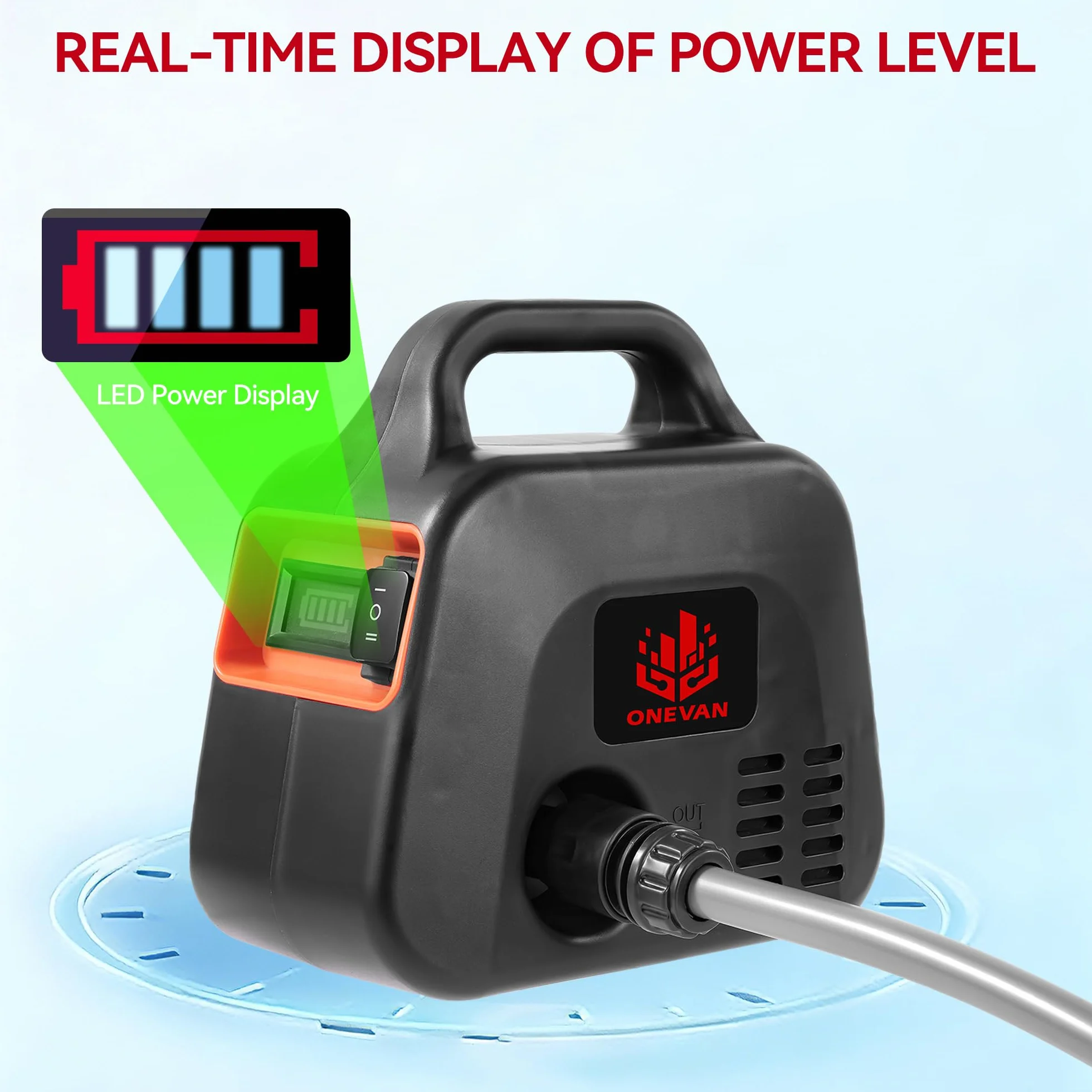 ONEVAN Pompa dell'acqua a batteria, 600 l/h, pompa da giardino elettrica con indicatore di potenza, 2 batterie da 2000 mAh, regolazione a 2 marce, pompa dell'acqua con ugello 7 in 1, tubo, filtro