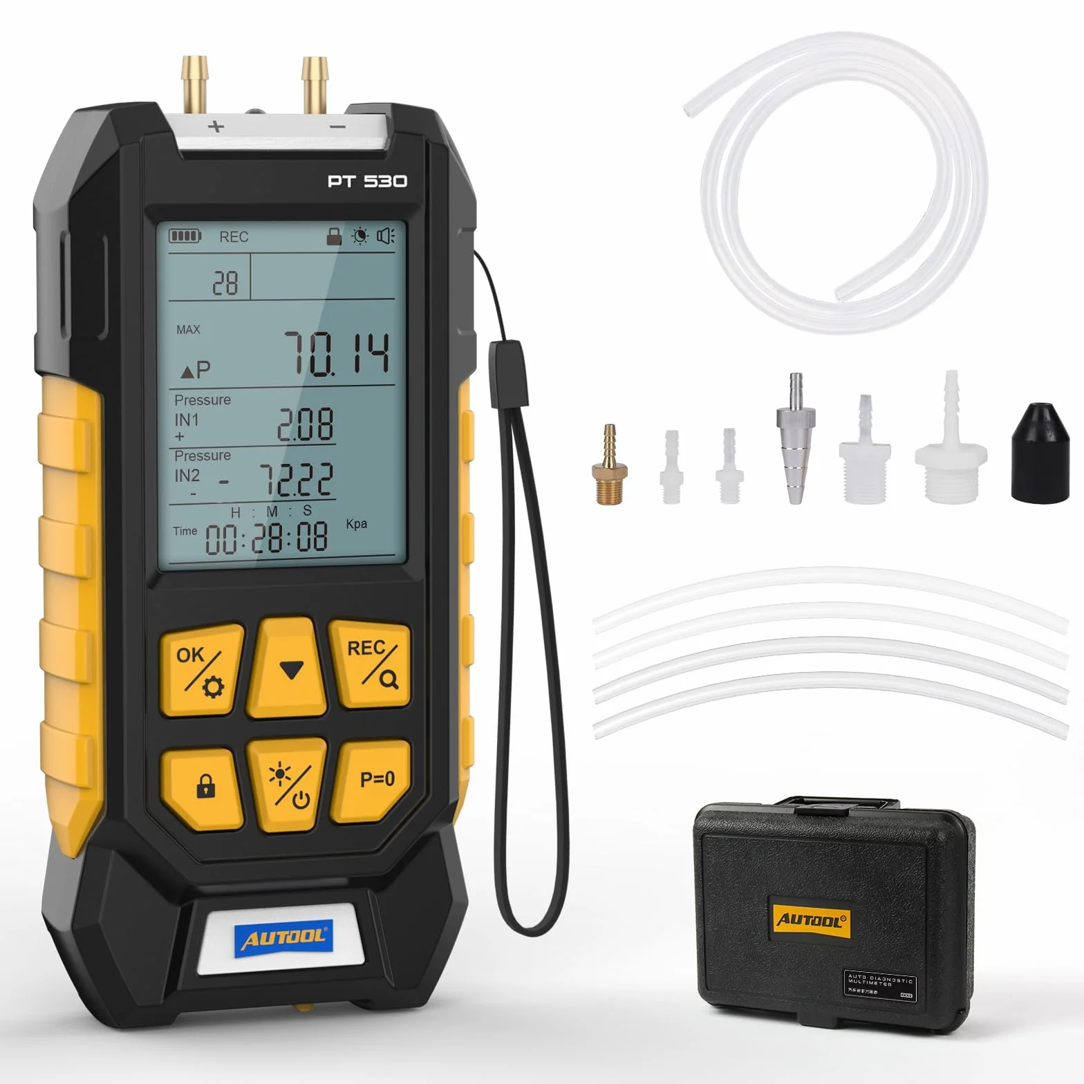 Manometro Digitale, PT530 Tester di Pressione del Gas a Doppia Porta, Manometro a Gas pressure Tester Differenziale HVAC/R Air Pressure Meter con Torcia Elettrica, -100~300Kpa, Data Record, Toolbox