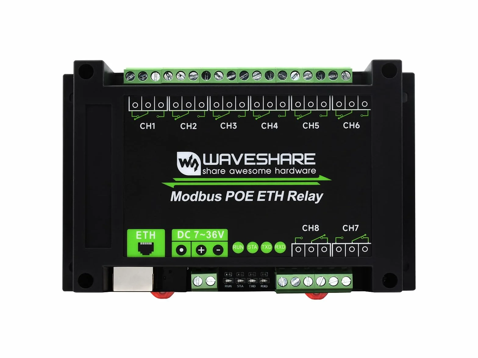 Waveshare 8-Ch Ethernet Relay Module, Modbus RTU/Modbus Transmission Control Protocol, PoE Port Communication, with Various Isolation and Protection Circuits, Industrial Grade Rail-Mount Case