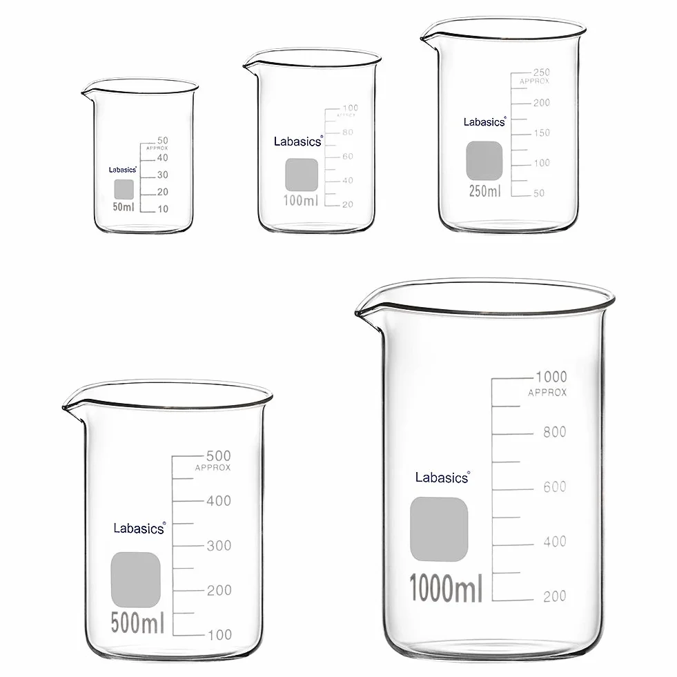 Labasics Set di Becher in Vetro per Laboratorio, Vetro Borosilicato Becher Griffin Graduati a Forma Bassa in 5 Dimensioni, 50ml/100ml/250ml/500ml/500ml/1000ml(1L), Confezione Combinata