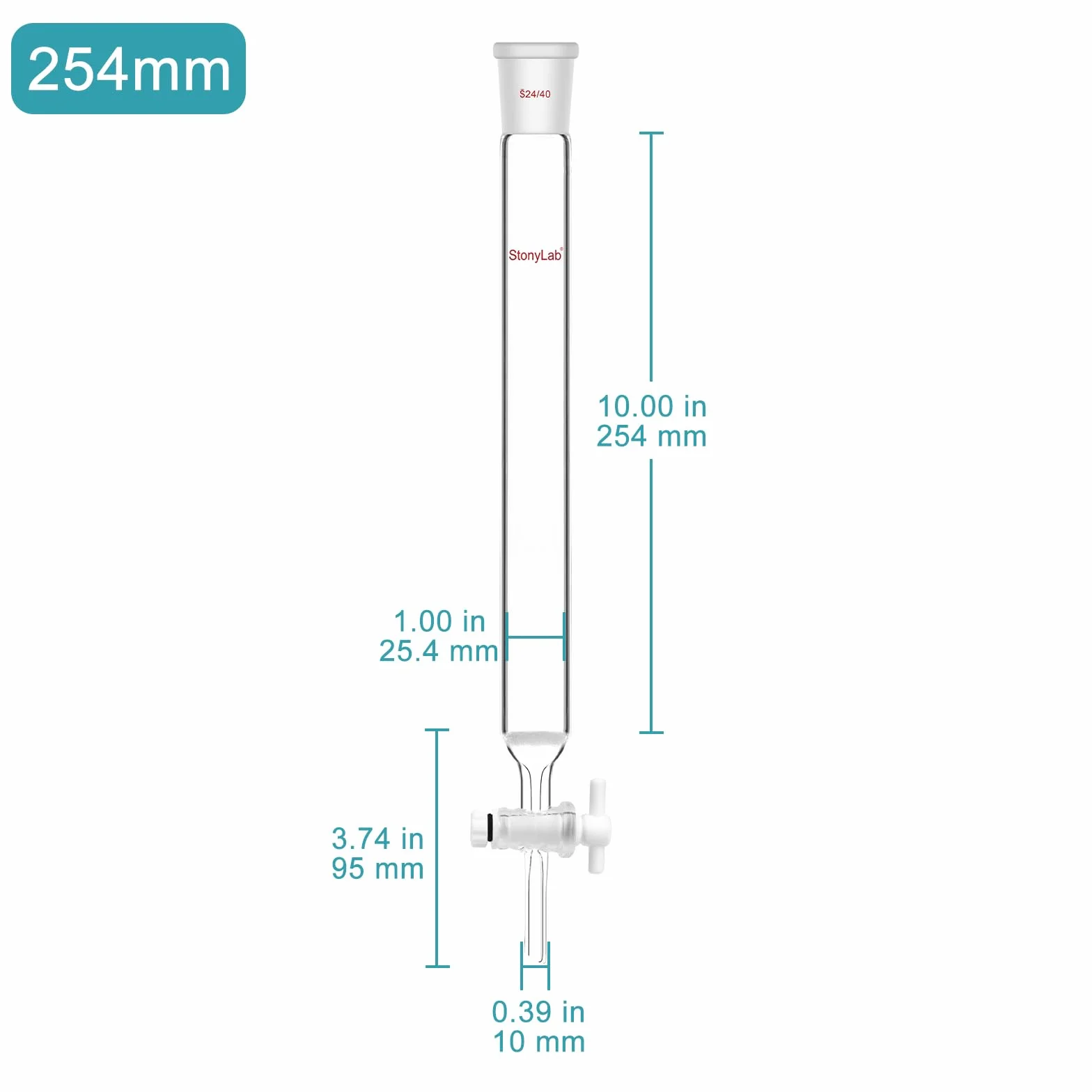 stonylab Colonna di Cromatografia, Diametro Interno di 25,4 mm, Lunghezza Effettiva di 254 mm, Tappo di Sabbia G2, Giunto Conico Standard 24/40, Vetro Borosilicato, per Applicazioni di Laboratorio