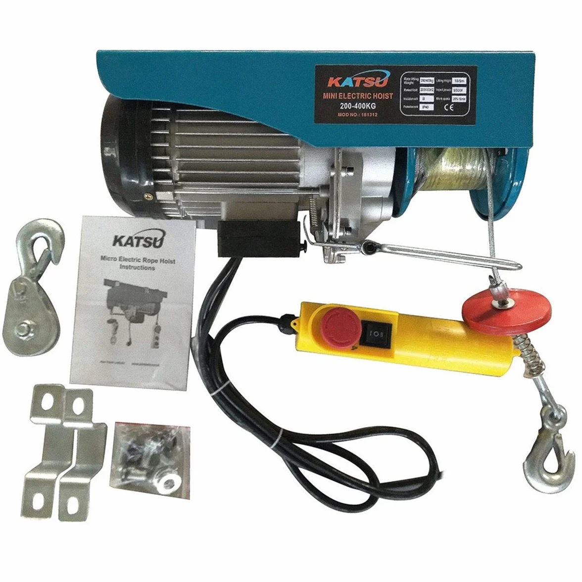KATSU Paranco Elettrico 400KG 1000W In Testa Argano Elettrico con Telecomando e 18M Fune Cavo in Acciaio, per Garage Auto Negozio di Sollevamento Costruzioni