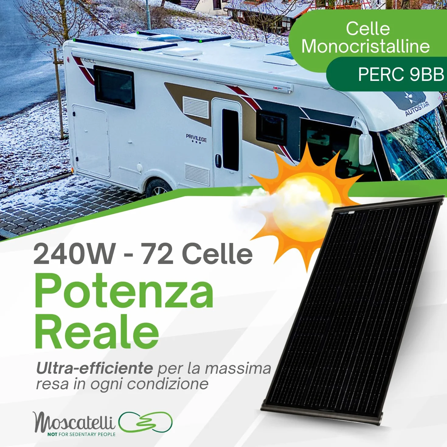 MOSCATELLI Pannello Solare Camper 240W Black Boost Monocristallino PERC Kit Pannello Solare per Camper con Profilo integrato in Alluminio Nero per fissaggio al tetto - SENZA REGOLATORE