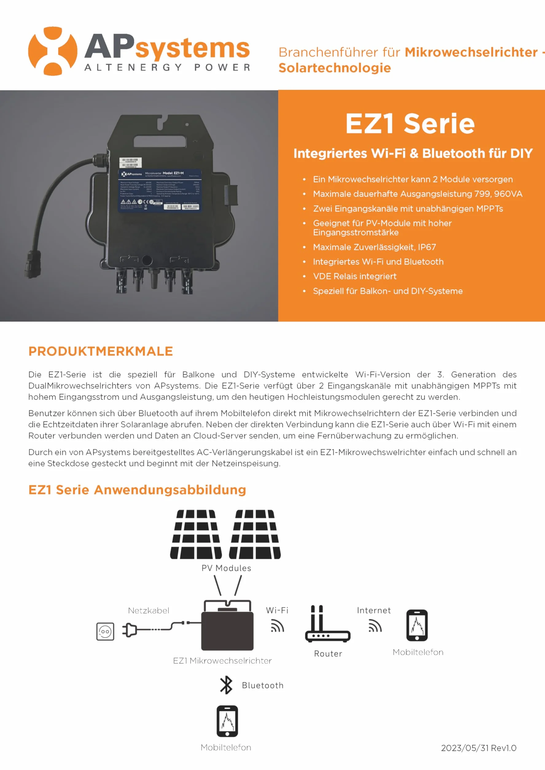 APsystems EZ1-M 600/800W Microinverter con WiFi & Bluetooth, per Impianto Solare da Balcone, fino a 799VA regolabile