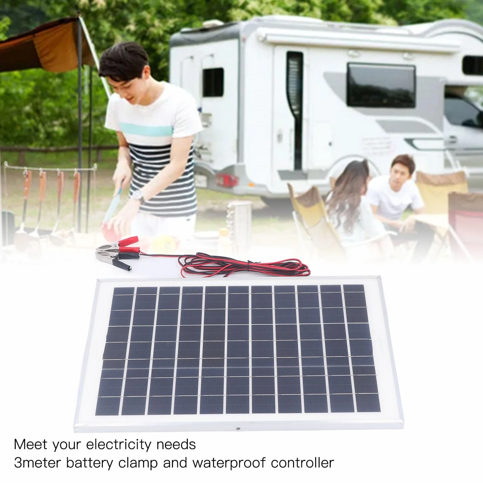 Kit Pannello Solare 50W 18V con Regolatore di Carica Impermeabile MPPT Morsetto Batteria da 3 Metri per Roulotte per Rimorchio per Barca da Esterno