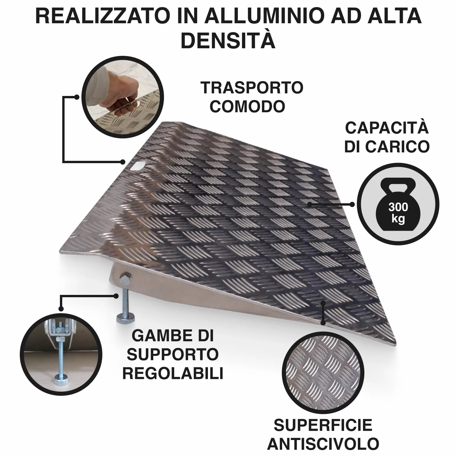 Rampa di Soglia Alluminio Anodizzato Rigida Piattaforma di Carico Altezza Regolabile Superficie Antiscivolo 1TR90
