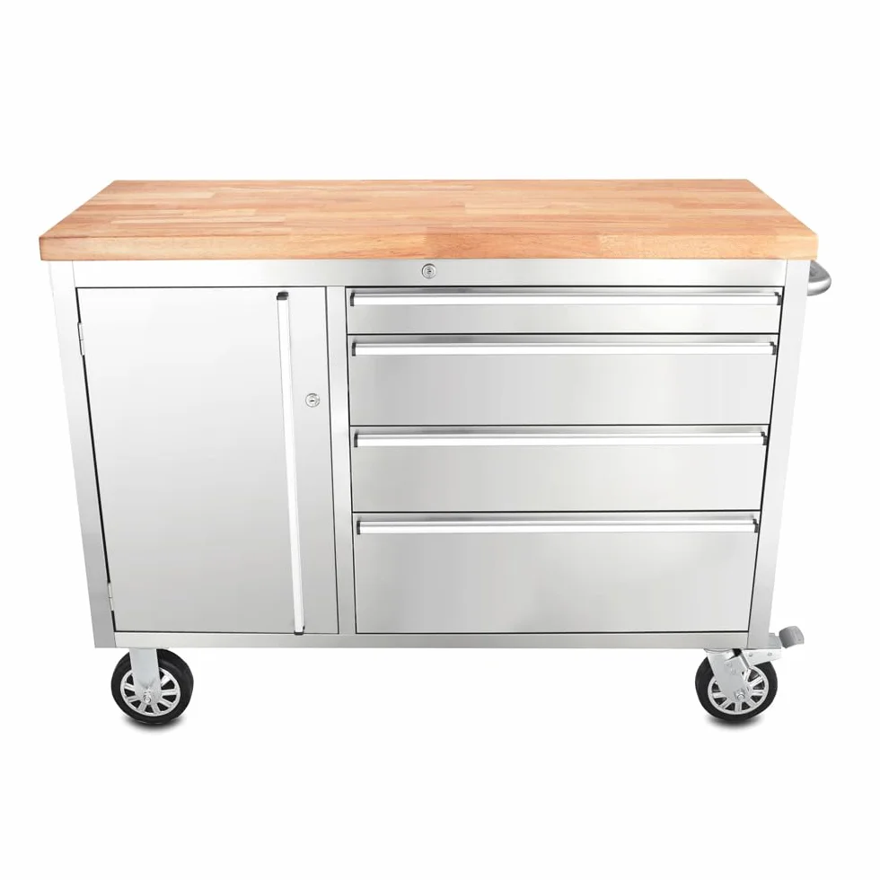 Ondis24 Carrello portautensili in acciaio inox con 4 cassetti scorrevoli e piano di lavoro in legno massiccio XL, ruote girevoli (grigio, 130 x 49 x 92)