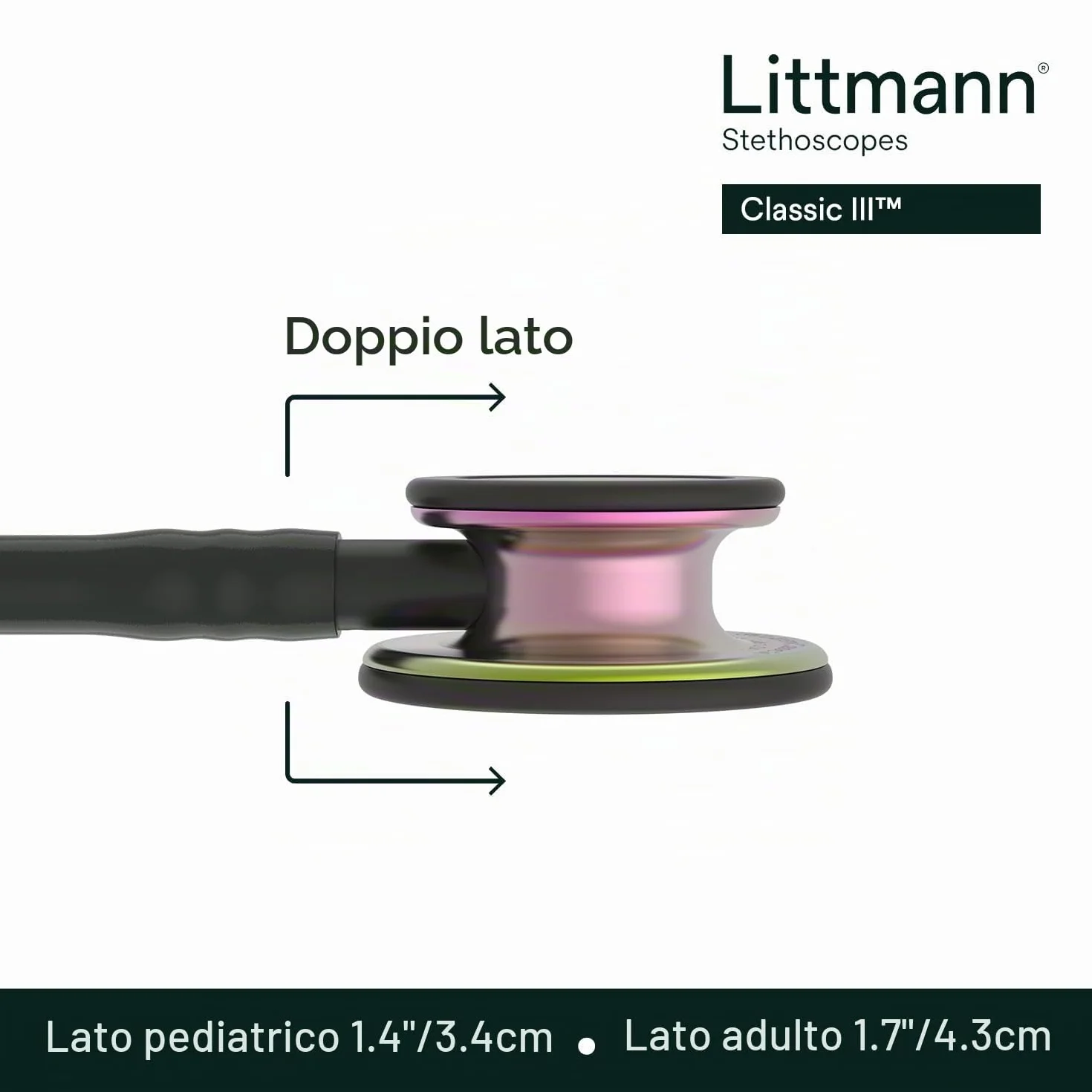 3M Littmann Stetoscopio per il monitoraggio Classic III, testina con finitura arcobaleno, connettore e archetto neri, tubo auricolare nero, 69 cm, 5870