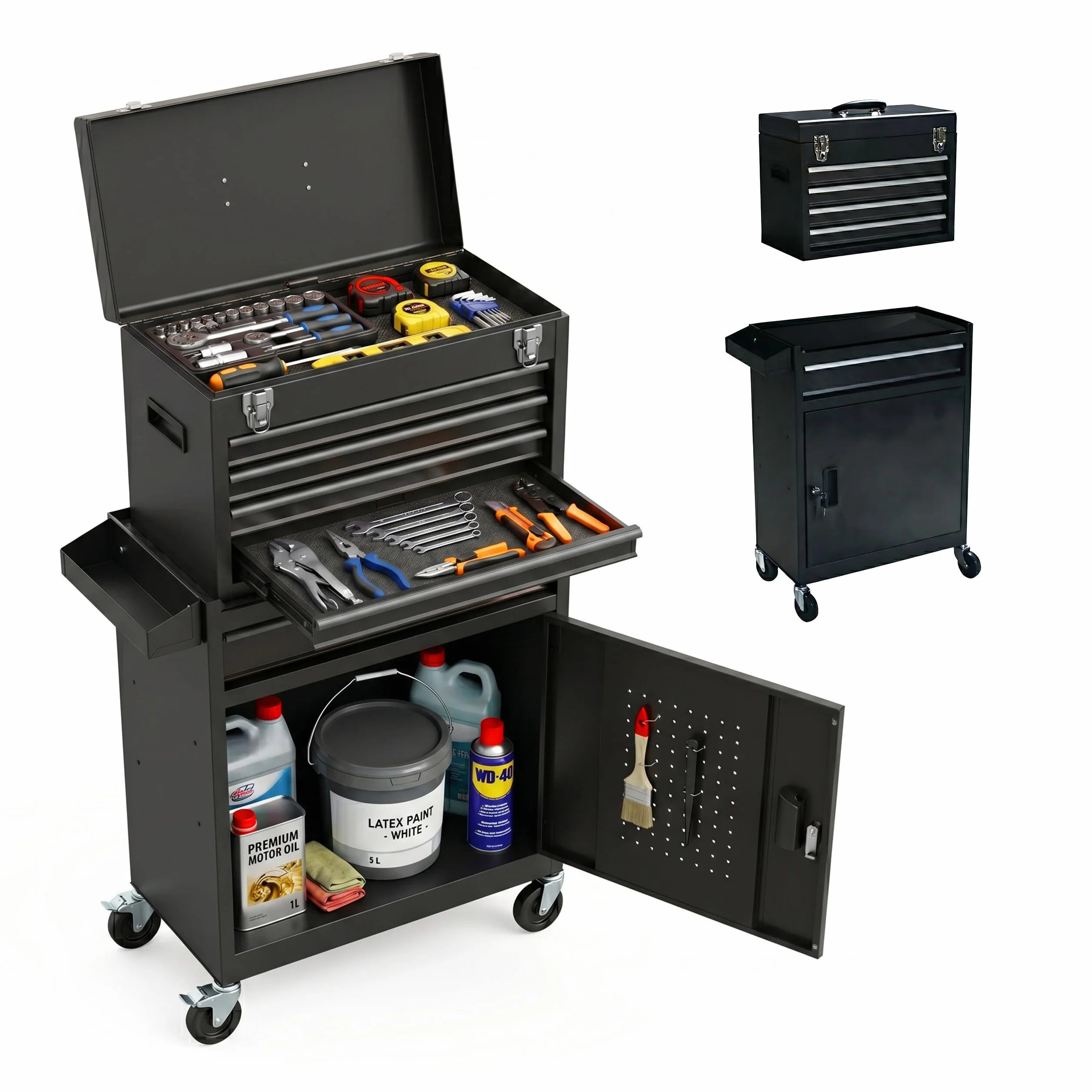 Relaxdays Carrello Officina con 5 cassetti, cassettino Superiore, Chiave, Ruote, Acciaio Nero 104x59,5x28 cm