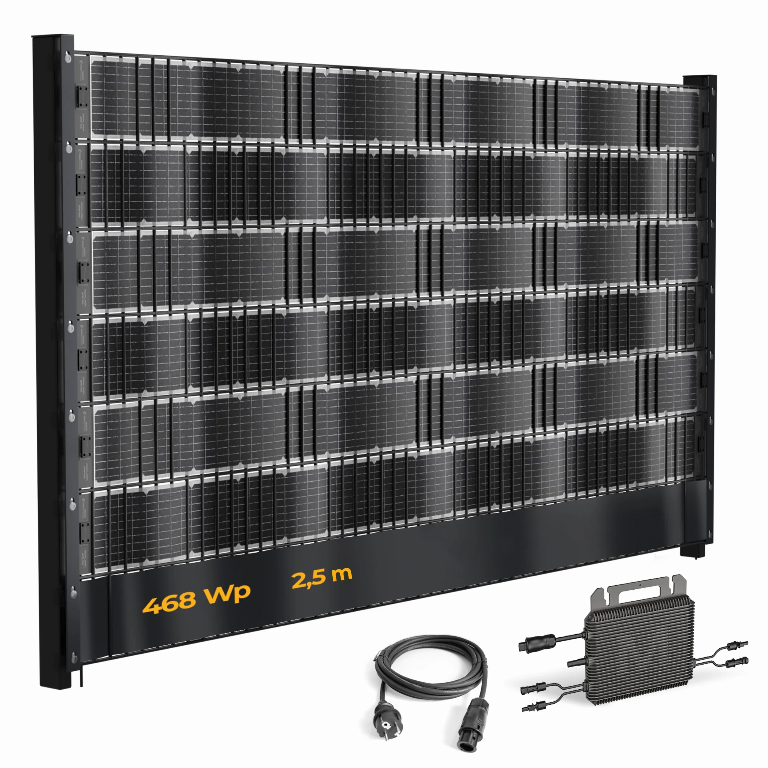 VERTICAL+ Impianto solare da recinzione 2,5m – Strisce PV frangivista bifacciali per recinzione a doppio filo, 468 Wp, Kit completo con microinverter 800W e cavo Schuko 10m, Pronto da spina