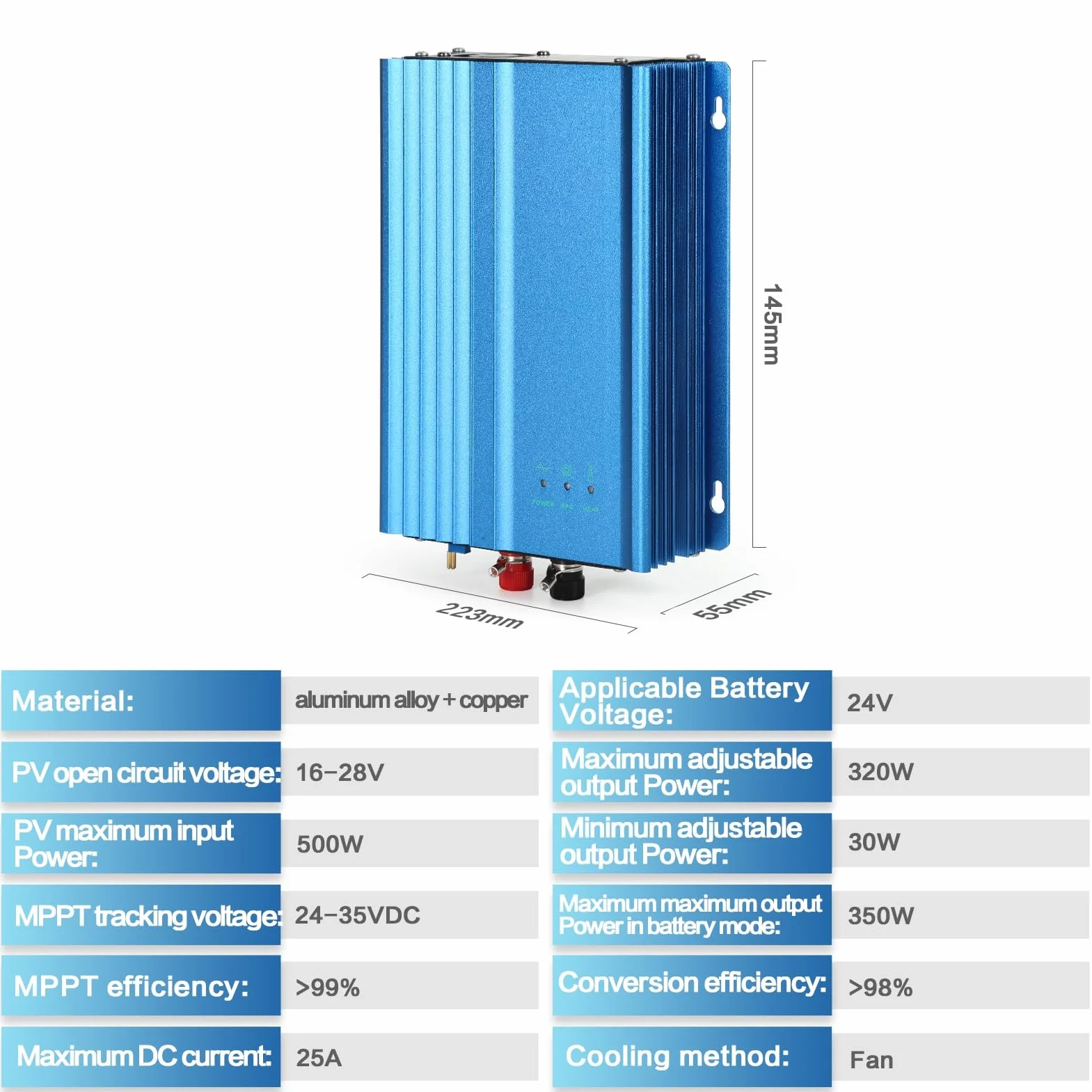 Jadeshay Inverter Solare,500W Grid Tie Inverter MPPT Micro Inverter DC 26V-42V per Pannelli solari e Scarico della Batteria a 24V,Pure Sine Wave Uscita 30W-250W Potenza Regolabile