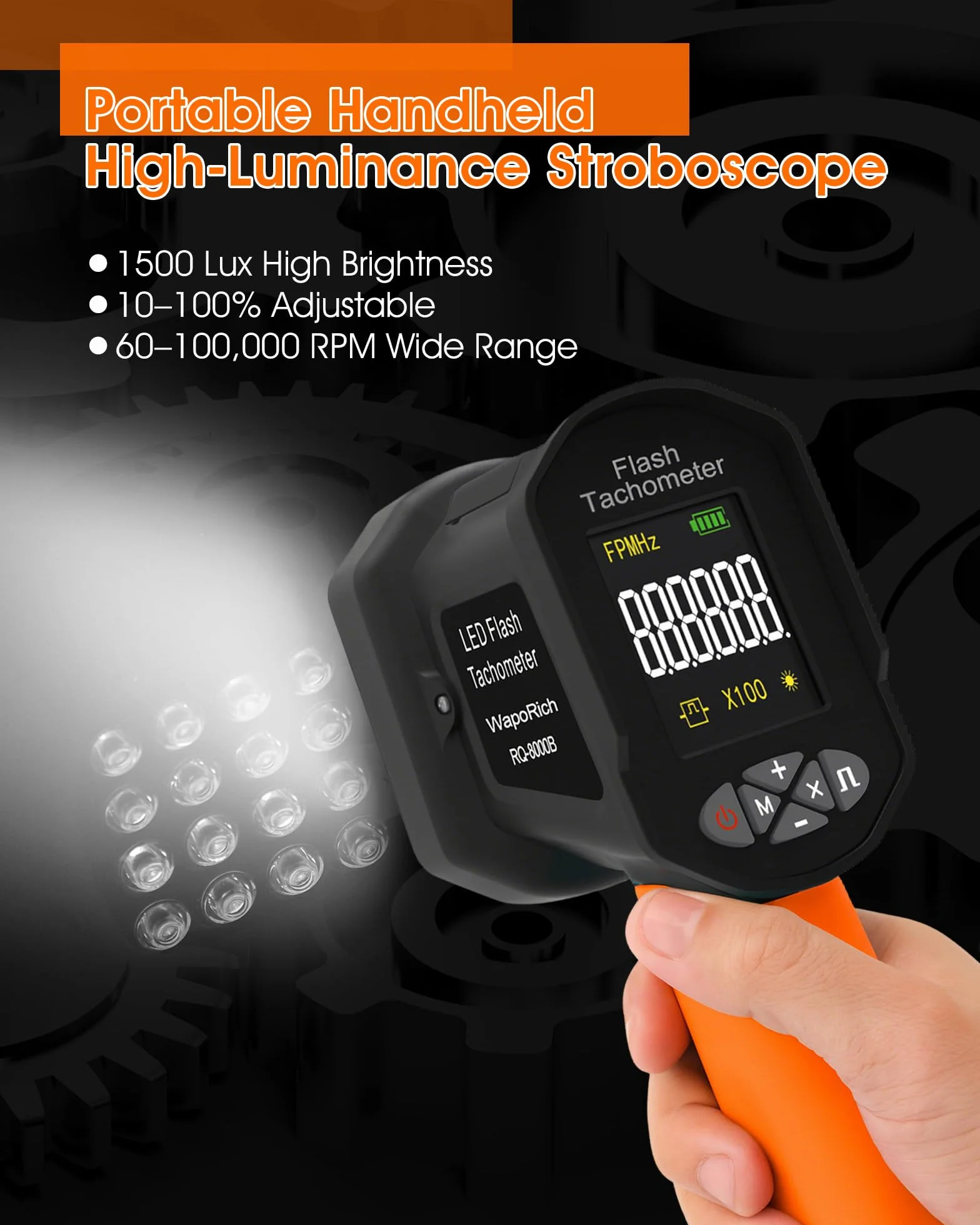 Stroboscopio LED 60–100.000 giri/min, WapoRich tachimetro digitale senza contatto con 16 LED, ricaricabile USB, display LCD per motori e ventole