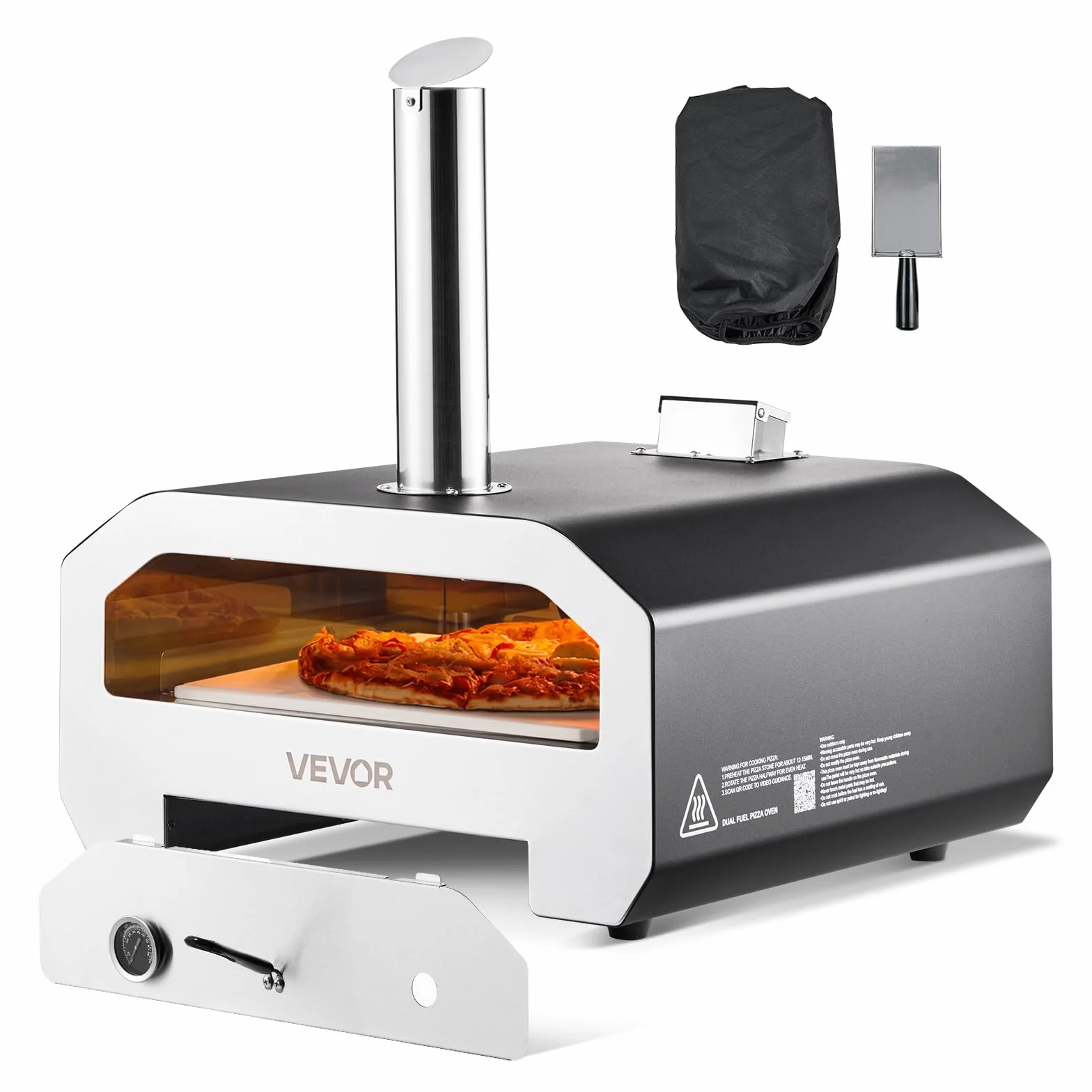 VEVOR Forno per Pizza a Doppio Combustibile da Esterno, a Legna e a Gas Propano da ca. 406 mm, Macchina per Pizza, con Termometro, Dpray di Ferro Portatile, per Campeggio all'Aperto e Cortile