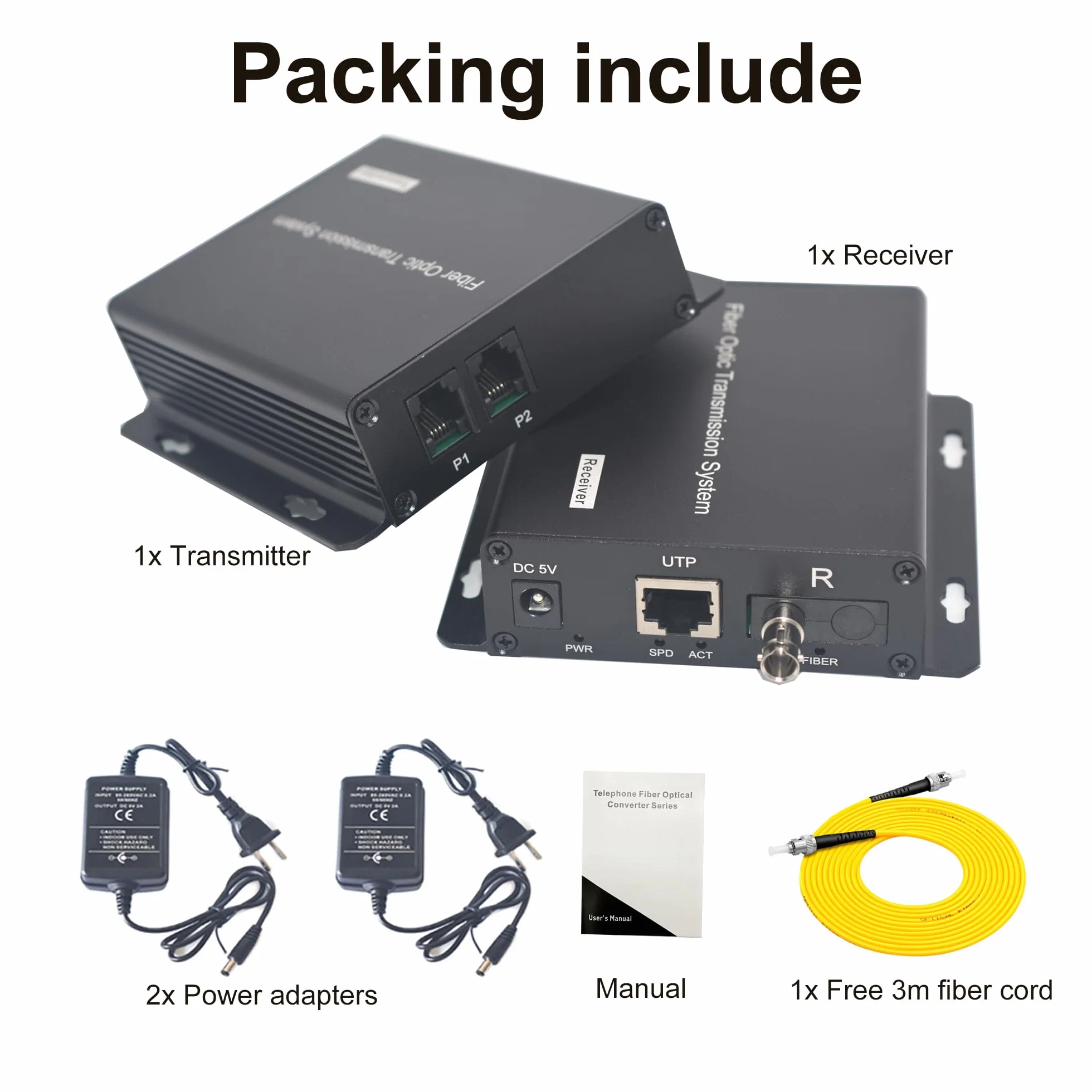 2 porte POTS telefoni e rete Extender su fibra ottica A Set, PCM Phone RJ11 RJ45 a fibra ottica, ST ottica monomodale 20 km multimodale 500M, supporto chiamato id, anello e fax
