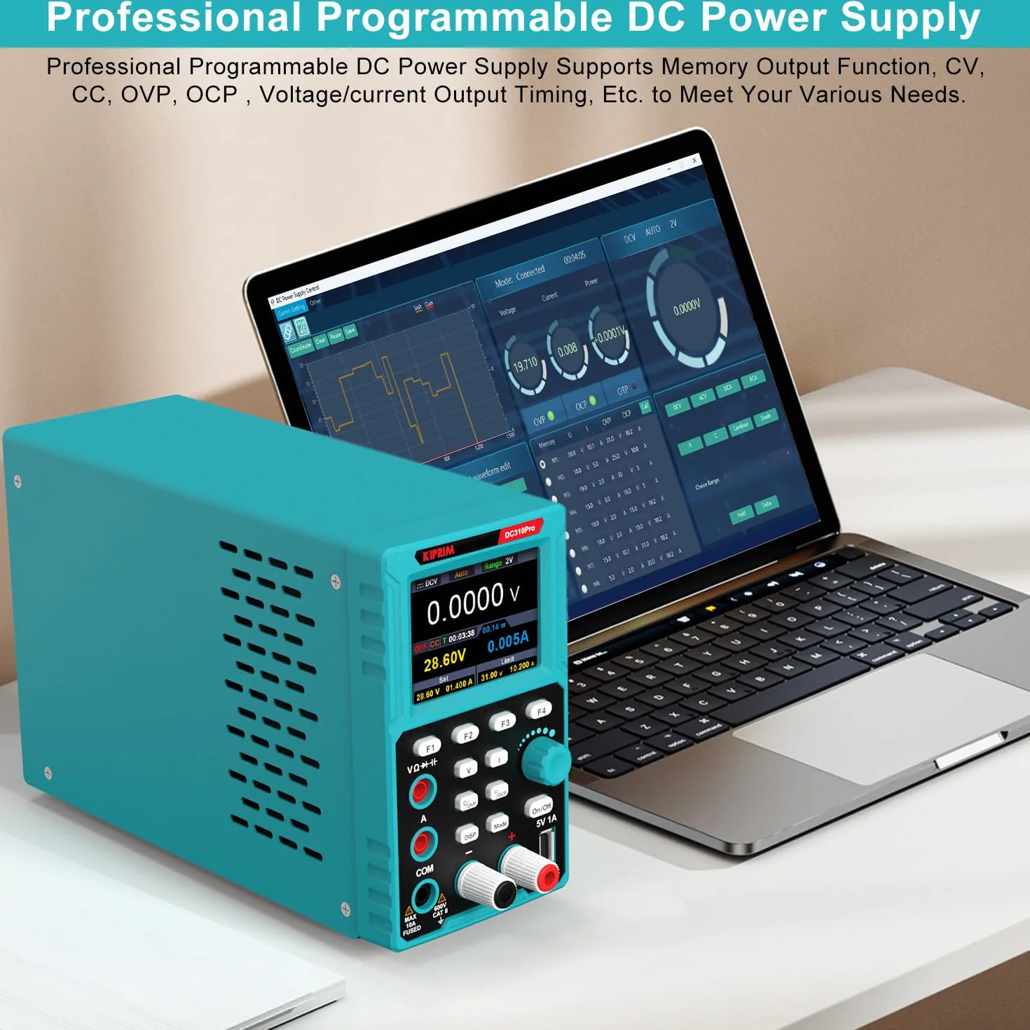 Kiprim 2 in 1 Alimentatore da Banco Programmabile e Multimetro (0-30 V, 0-10 A) Alimentatore da Laboratorio DC310Pro con Memoria Dati, alta Precisione, OCP, OVP, Software per PC e Ricarica USB