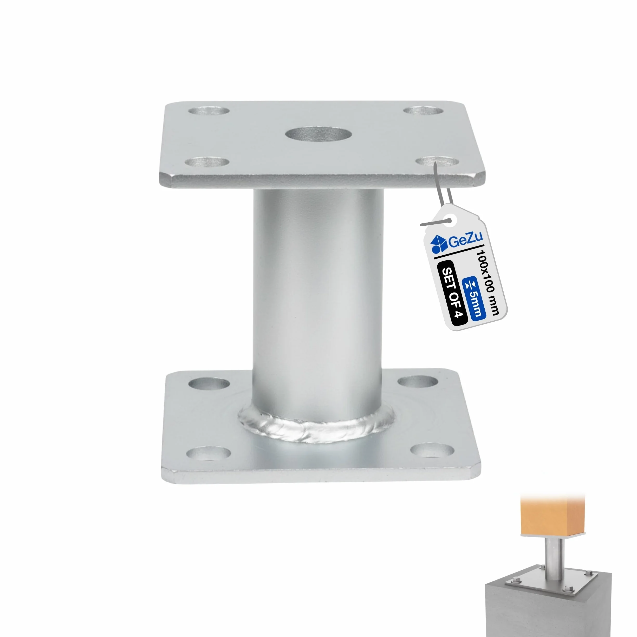 GeZu Impex Supporto per Pali 100 x 100 mm Set di 4 Ancoraggi per Pali Zincati a Caldo Supporto Heavy Duty Base Elevata