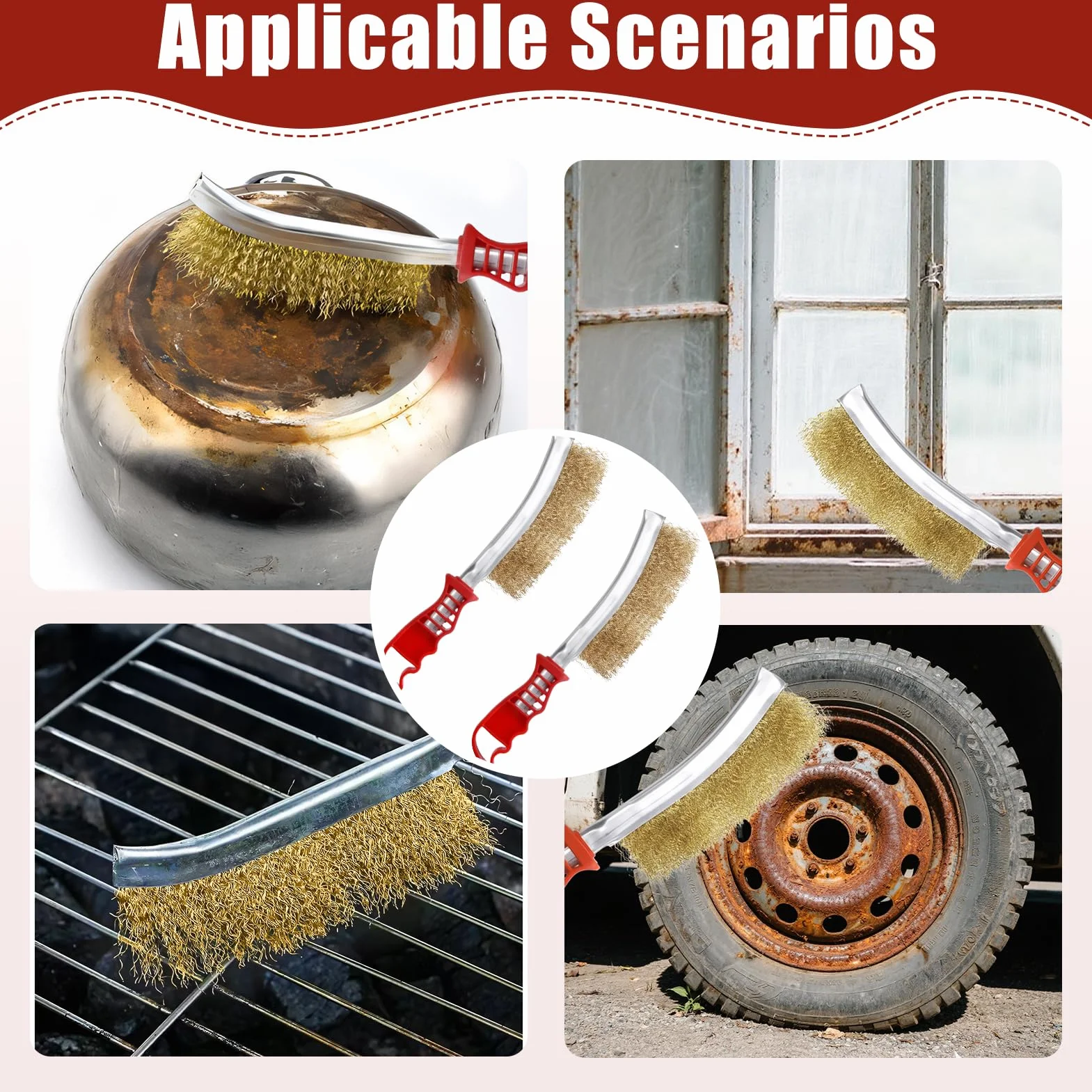 Set di 2 spazzole in ottone, spazzole metalliche, spazzola in ottone, spazzola in ghisa, spazzola in filo a mano con manico in plastica curvo per la pulizia di scorie di sudore e ruggine