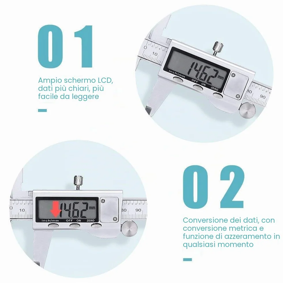 Calibro Digitale, Precisione Calibri in Acciaio Inox 150mm con Ampio Display LCD Micrometro Digitale Professionale per Misurazione Esterne, Interne, Profondità e di Passo