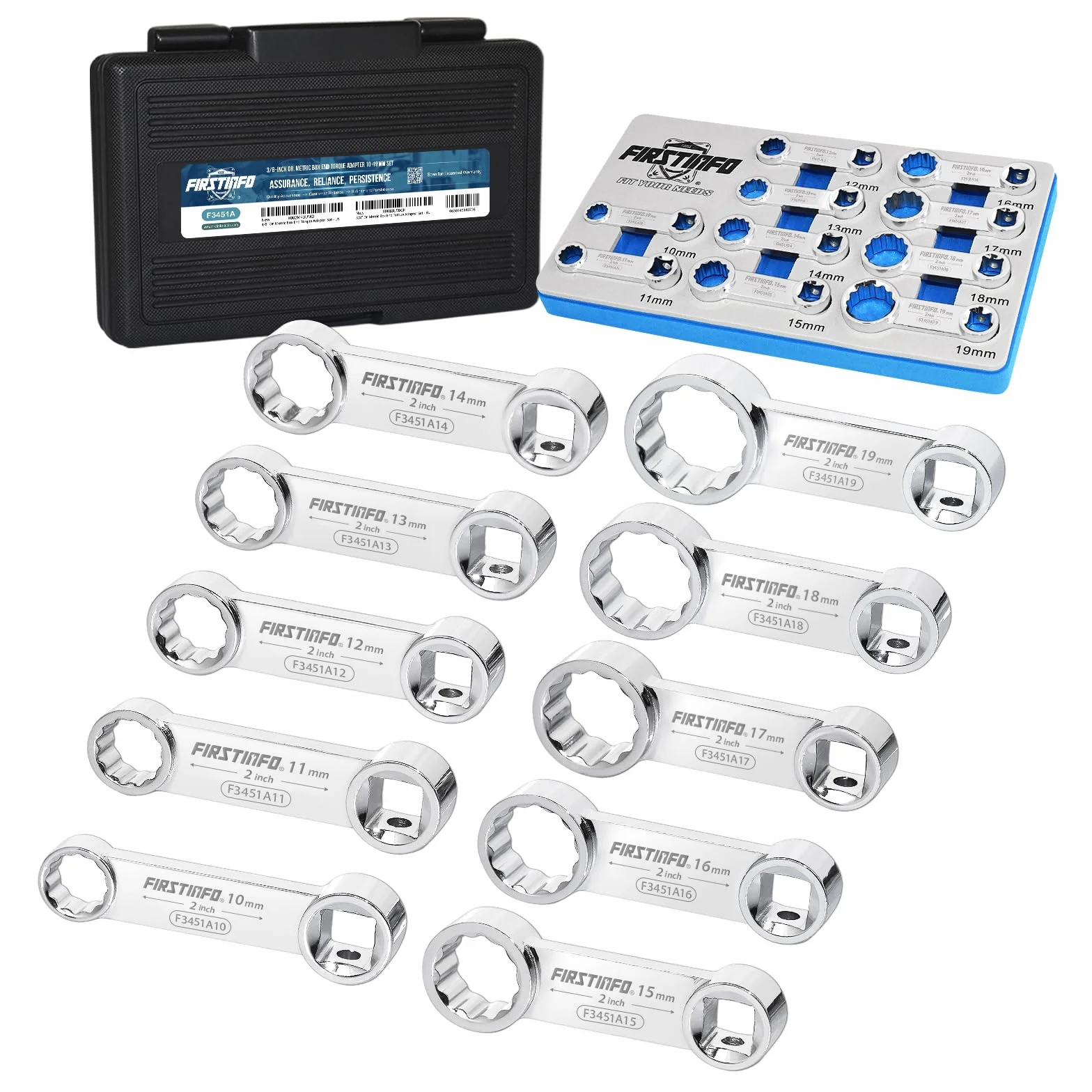 FIRSTINFO F3451A Set adattatori di coppia metrici a occhio 12 punti attacco 3/8" 10 pezzi in acciaio cromo vanadio con vassoio in schiuma EVA e valigetta da trasporto