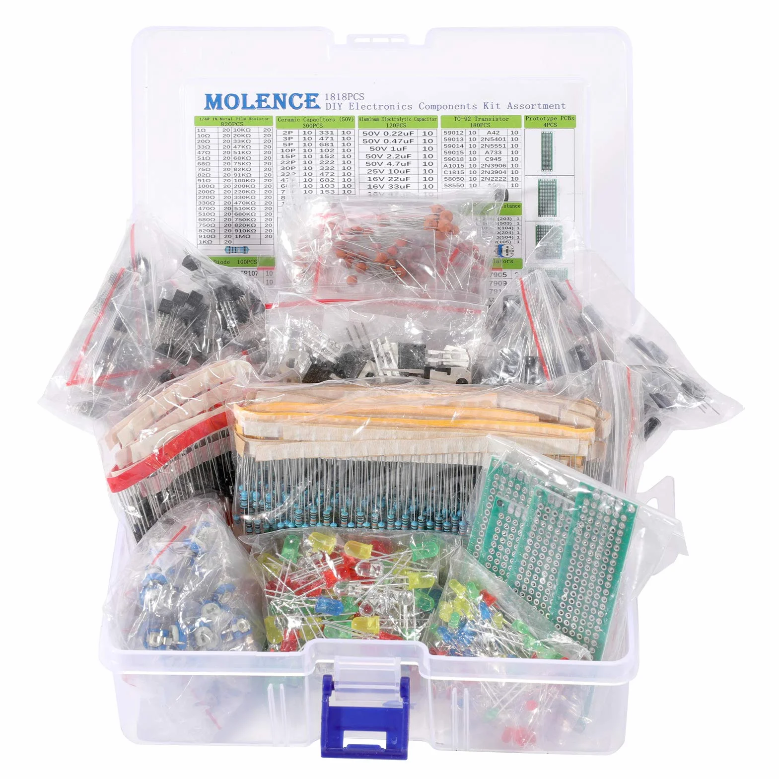 Kit di componenti elettronici fai da te assortito, resistenze 1818 pezzi, LED, triodo, condensatori, diodi, PCB, potenziometro, resistenza variabile, stabilivolt per Arduino UNO MEGA2560