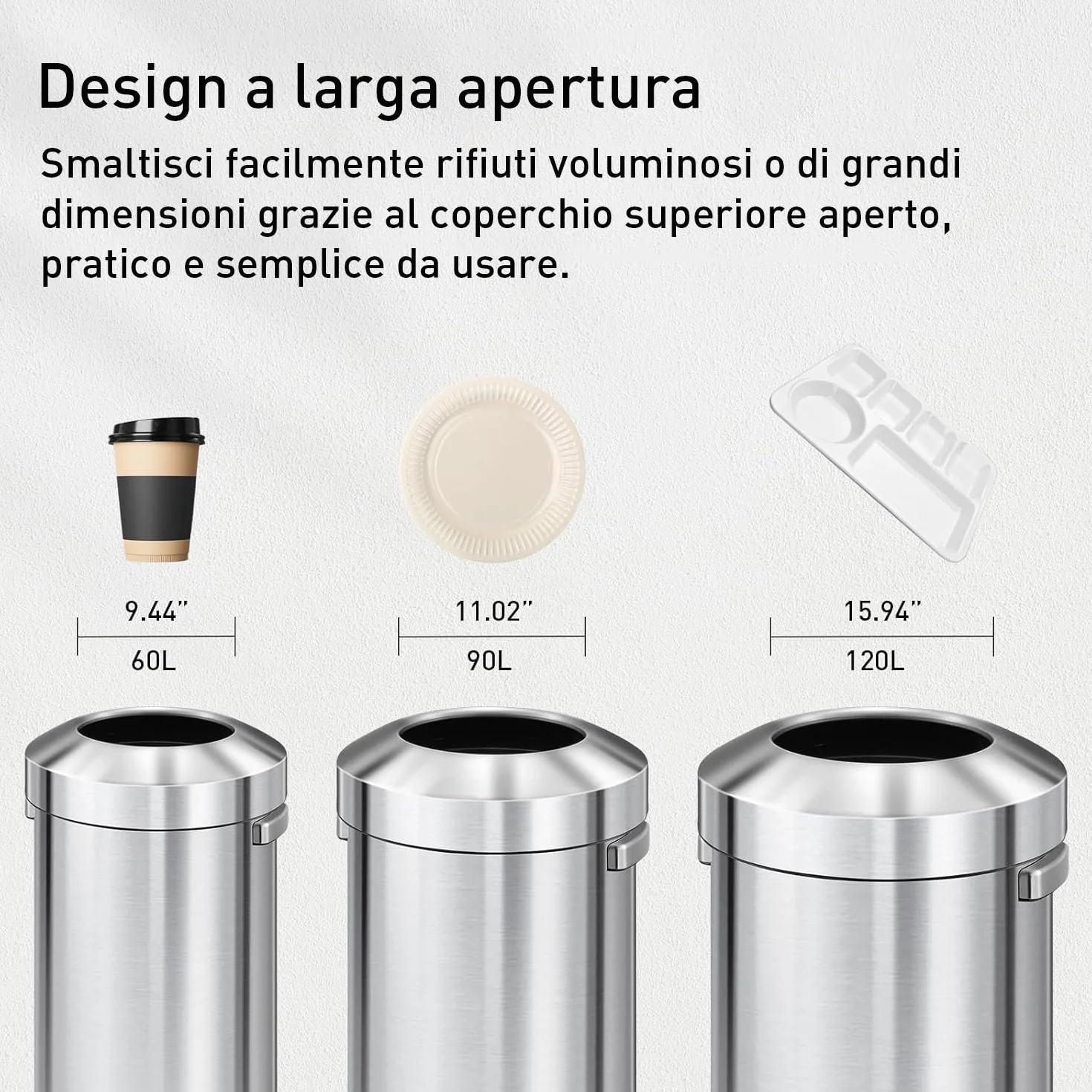 EKO Pattumiera con Coperchio Aperto, Finitura in Acciaio Inox Spazzolato, 90 Litri