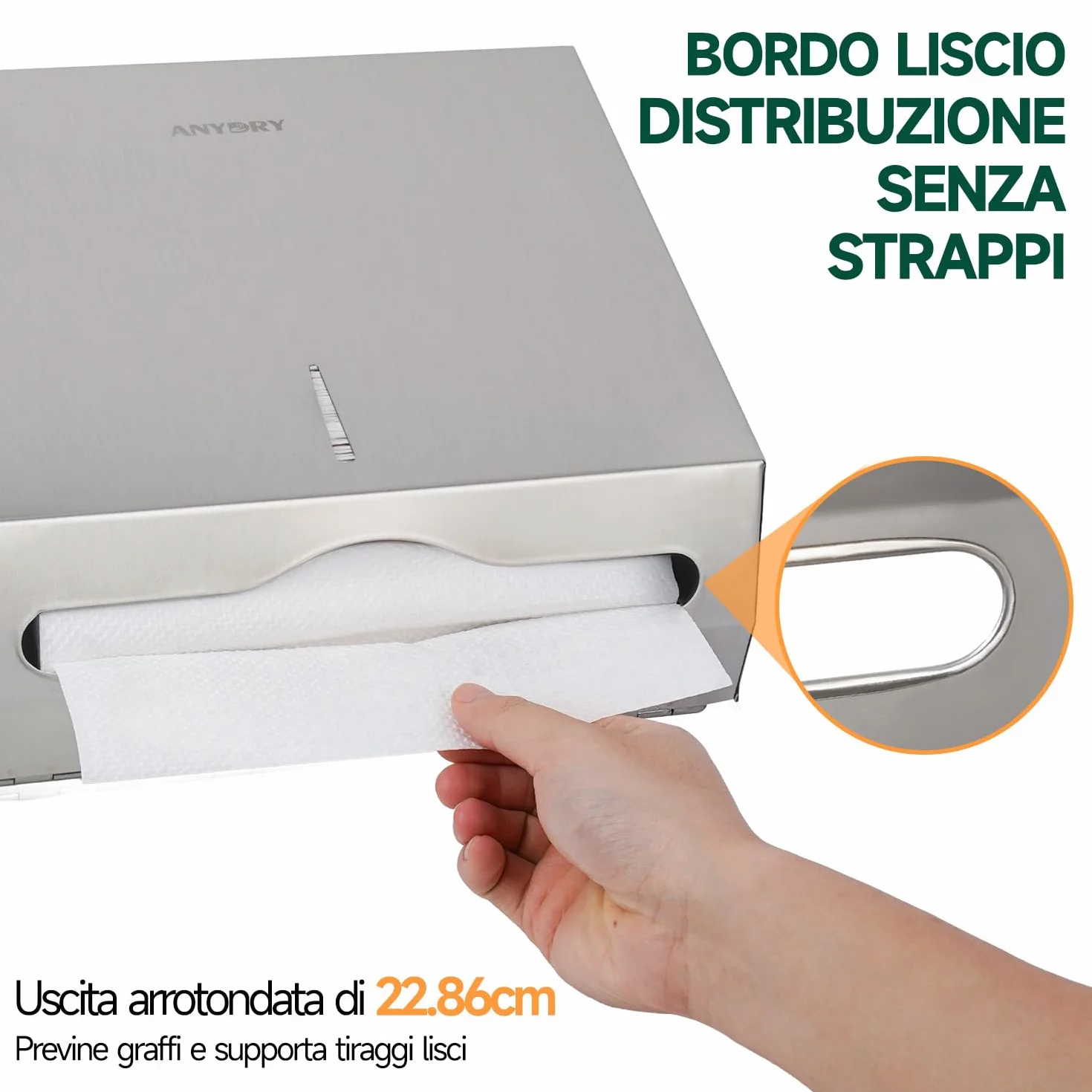 anydry Dispensatore di salviette di carta a montaggio murario 250 fogli acciaio inox satinato bloccabile multifold Z-fold