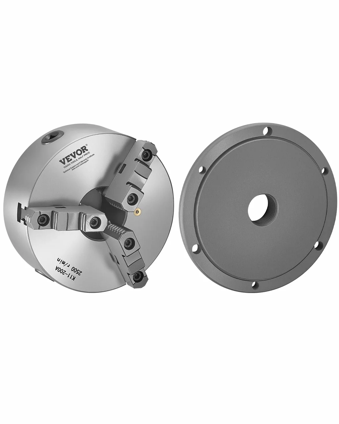 VEVOR Piastra di Mandrino per Tornio a 3 Griffe, Diametro Esterno da 200 mm Mandrino Autocentrante con Piastra di Supporto Filettata, Campo di Serraggio da 4 a 200 mm con Viti a Chiave a T