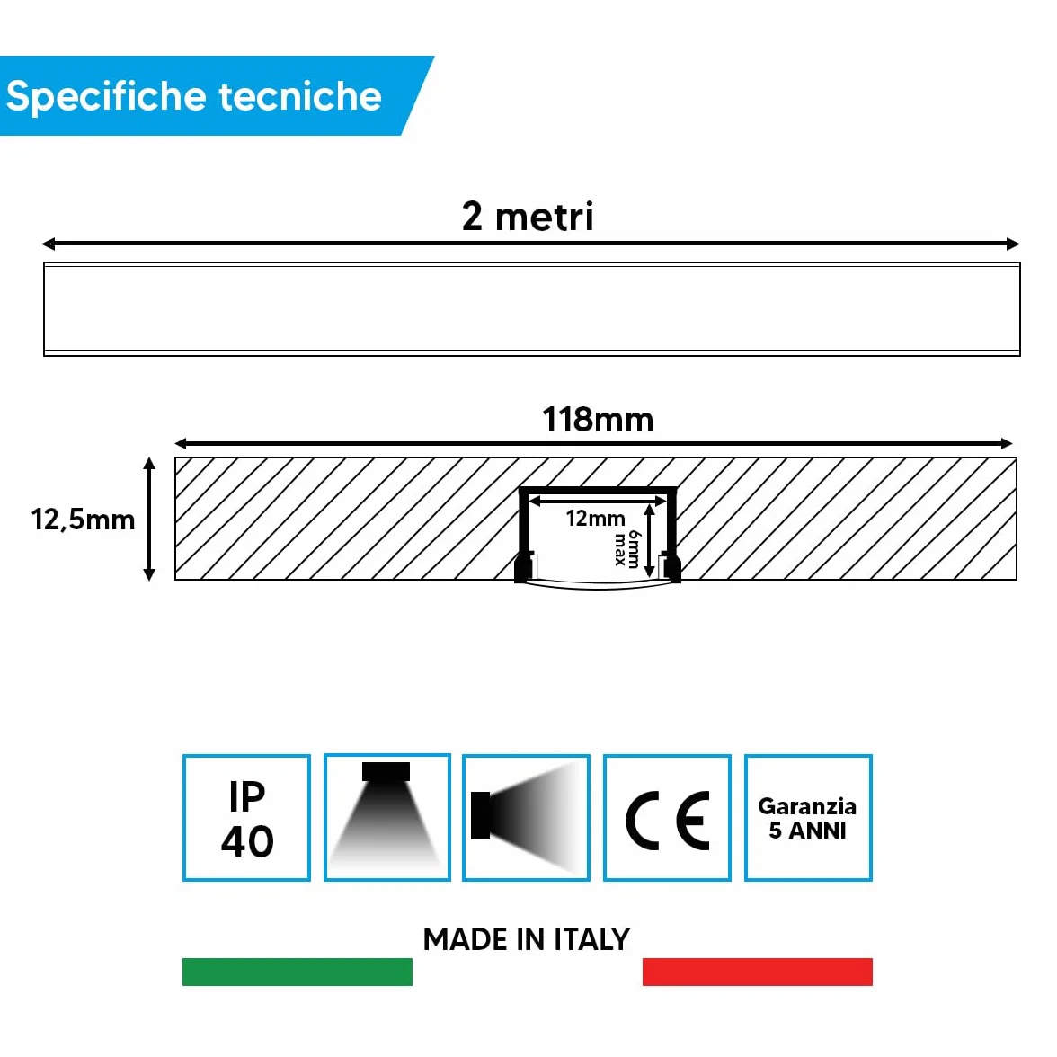 10pz Profilo in Alluminio 2mt per Strisce LED Integrato in Lastra di Cartongesso 12,5mm - Struttura pronta da incasso e montaggio con copertura opaca