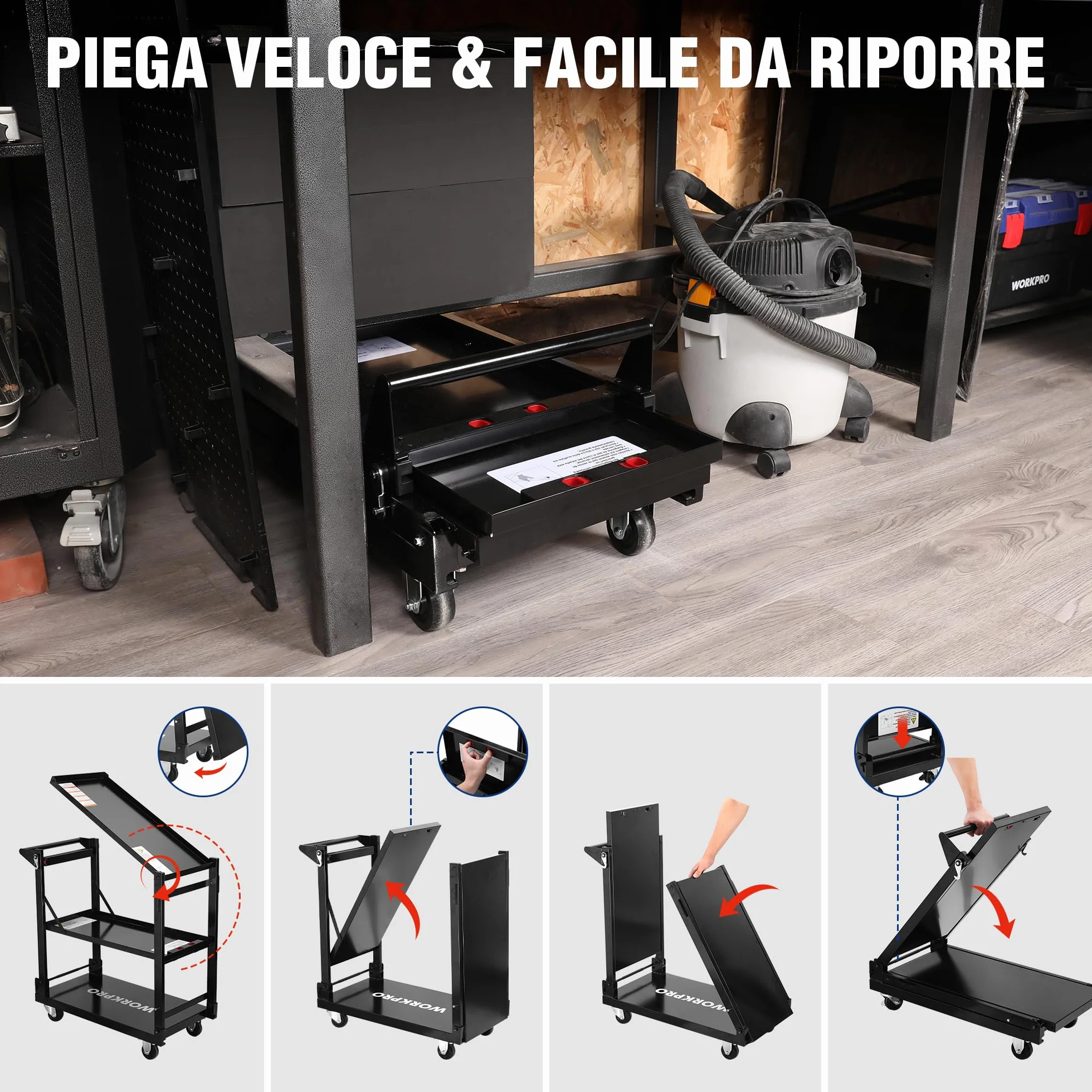 WORKPRO 3-IN-1 Carrello Porta Attrezzi con Ruote Portatutto a 3 Ripiani, Carrello Officina multifunzione carico di 135 kg con 4 Ruote (2 con Freno) Ideale per garage, magazzini, uffici, cucine
