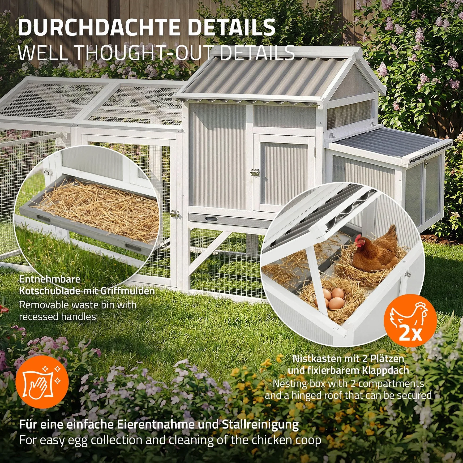 ECD Germany Pollaio per Galline da Esterno in Legno Massello e Rete Zincata, Casetta per Galline Ovaiole con Recinto Esterno e Ruote XXL 83 x 220 x 109 cm, Pollaio con Nido e Area di Pascolo