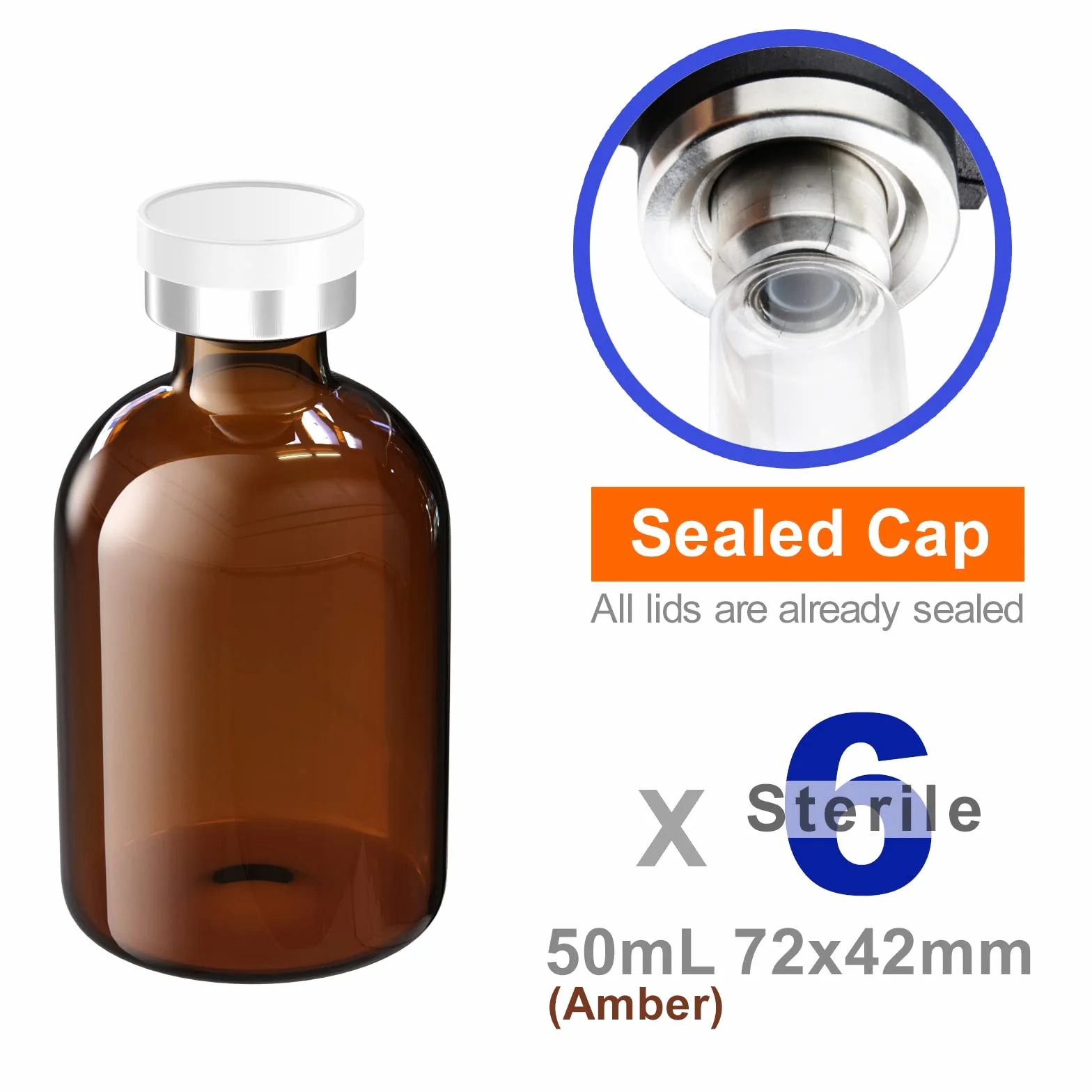 Flaconi vuote sterili con porta di iniezione autoguarigione 50ml ambra 6PCS